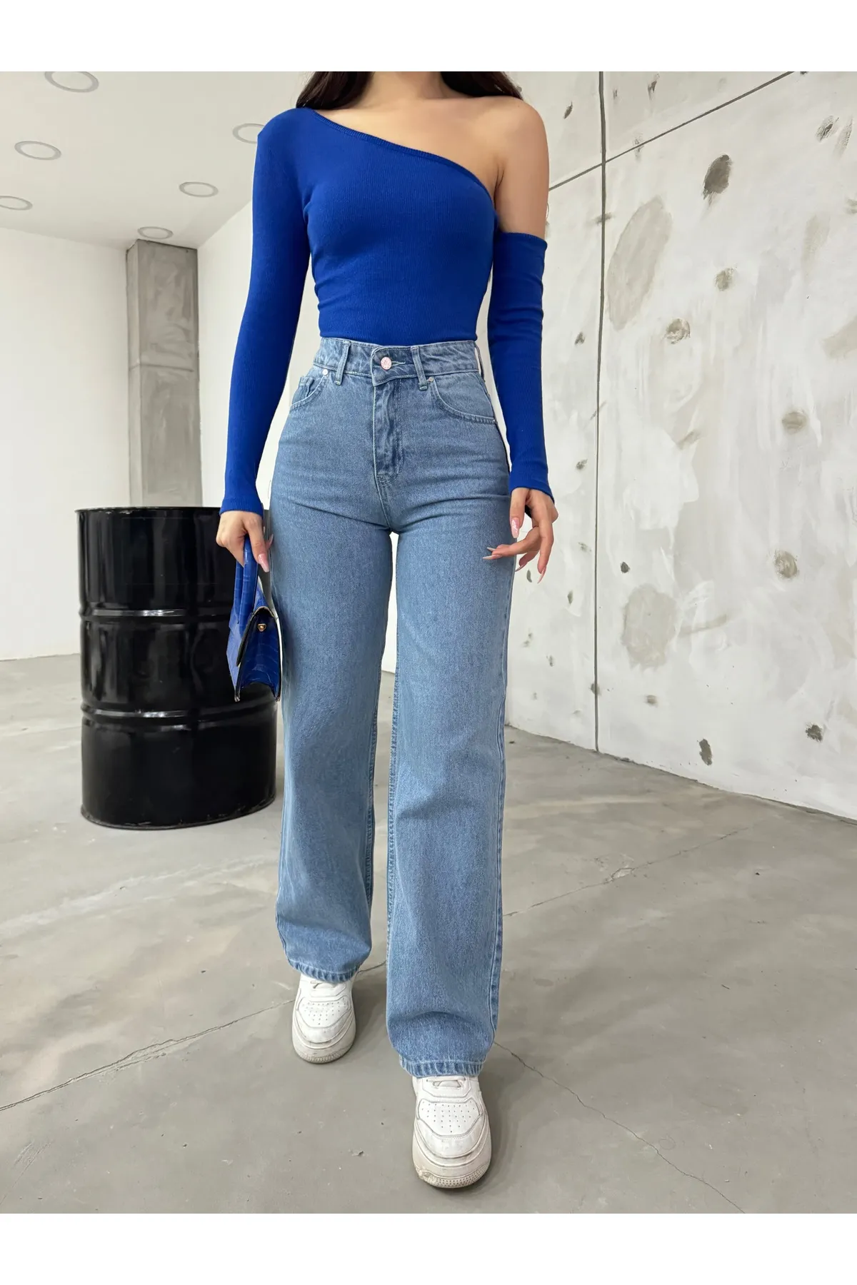 BİKELİFE  Blaue Jeans mit hoher Taille und weitem Bein aus Lycra-Stretch für Damen
