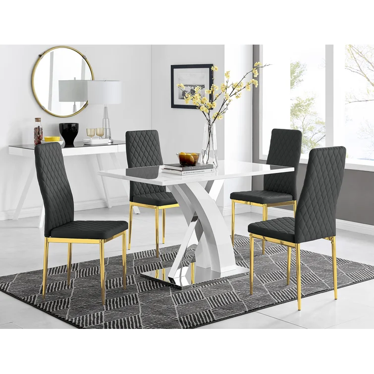 White High Gloss Dining Table Set with 4 Luxury Faux Leather Dining Chairs