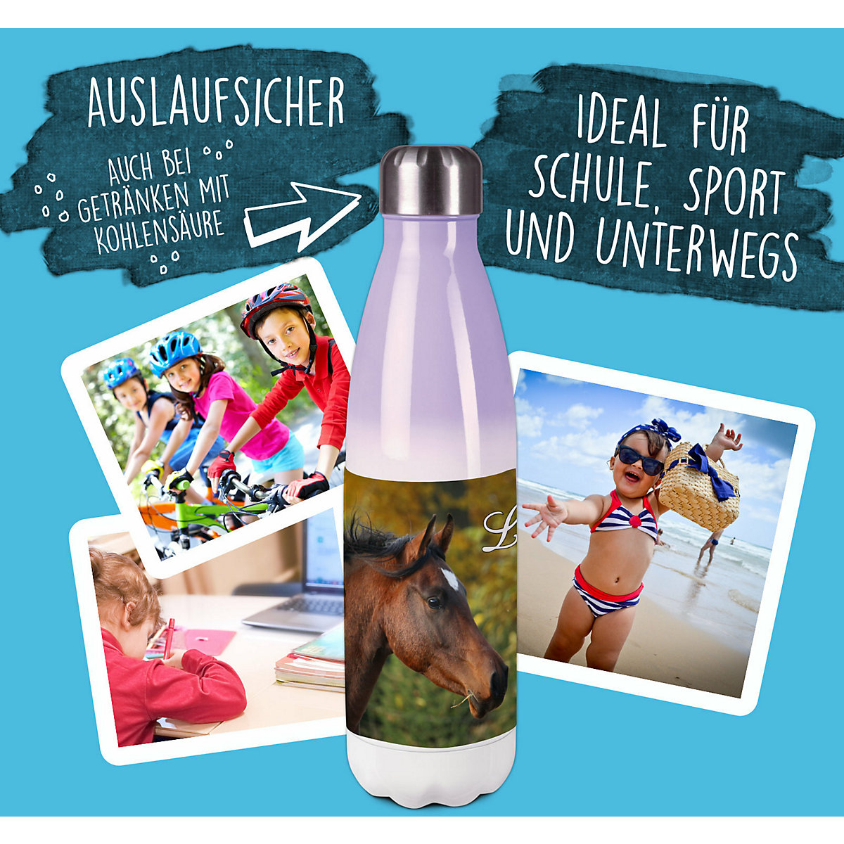 Edelstahl Kinder Thermoflasche / Trinkflasche bunt Vollblut Spülmaschinenfest, Auslaufsicher, Bruchfest, Doppelwandig, Für Heißgetränke geeignet, Mit Deckel, Isoliert