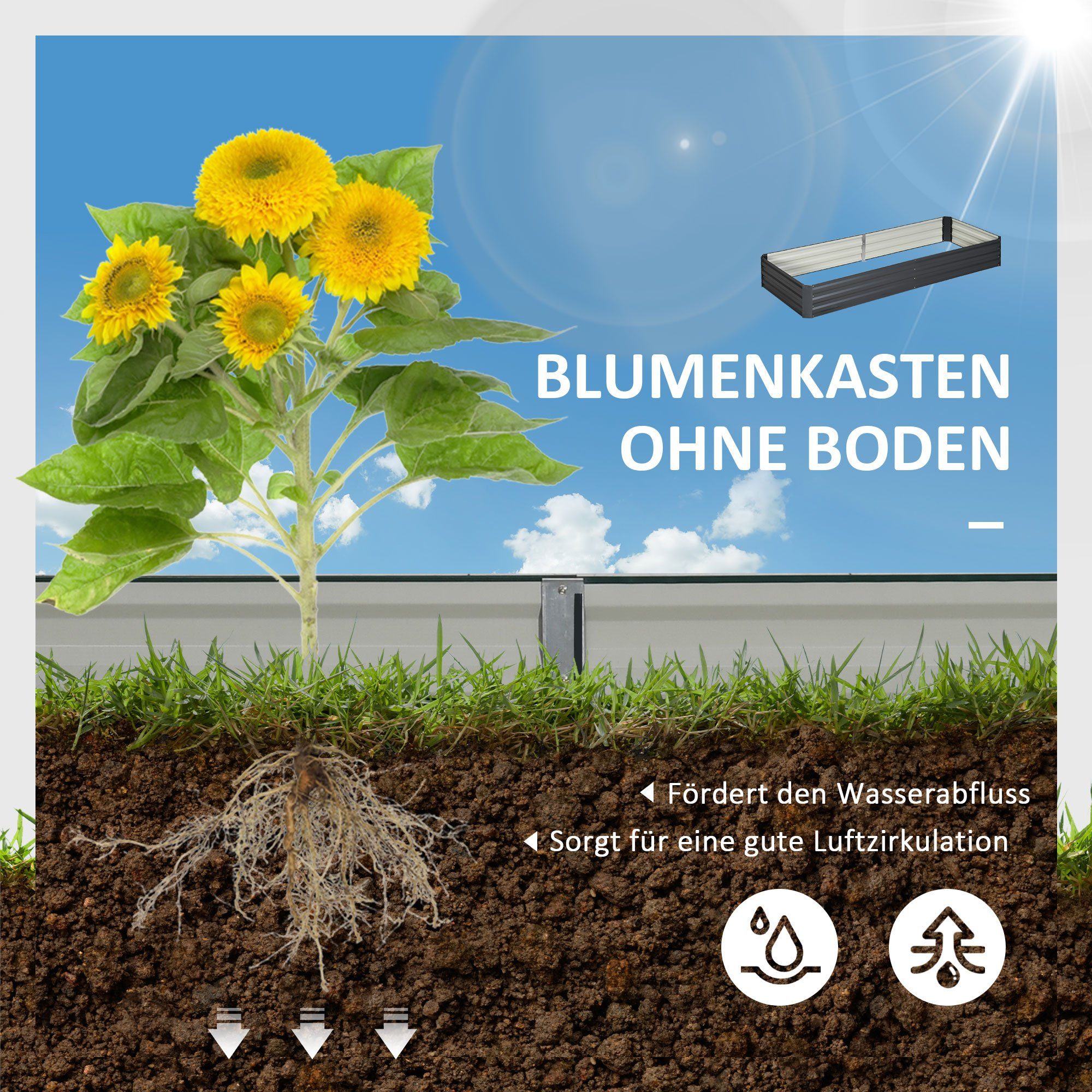 Outsunny Hochbeet aus Stahl, Blumenbeet, Gemüsebeet, Kräuterbeet (Blumenkasten, 1 St., Pflanzkasten), für Balkon, Terrasse, Grau
