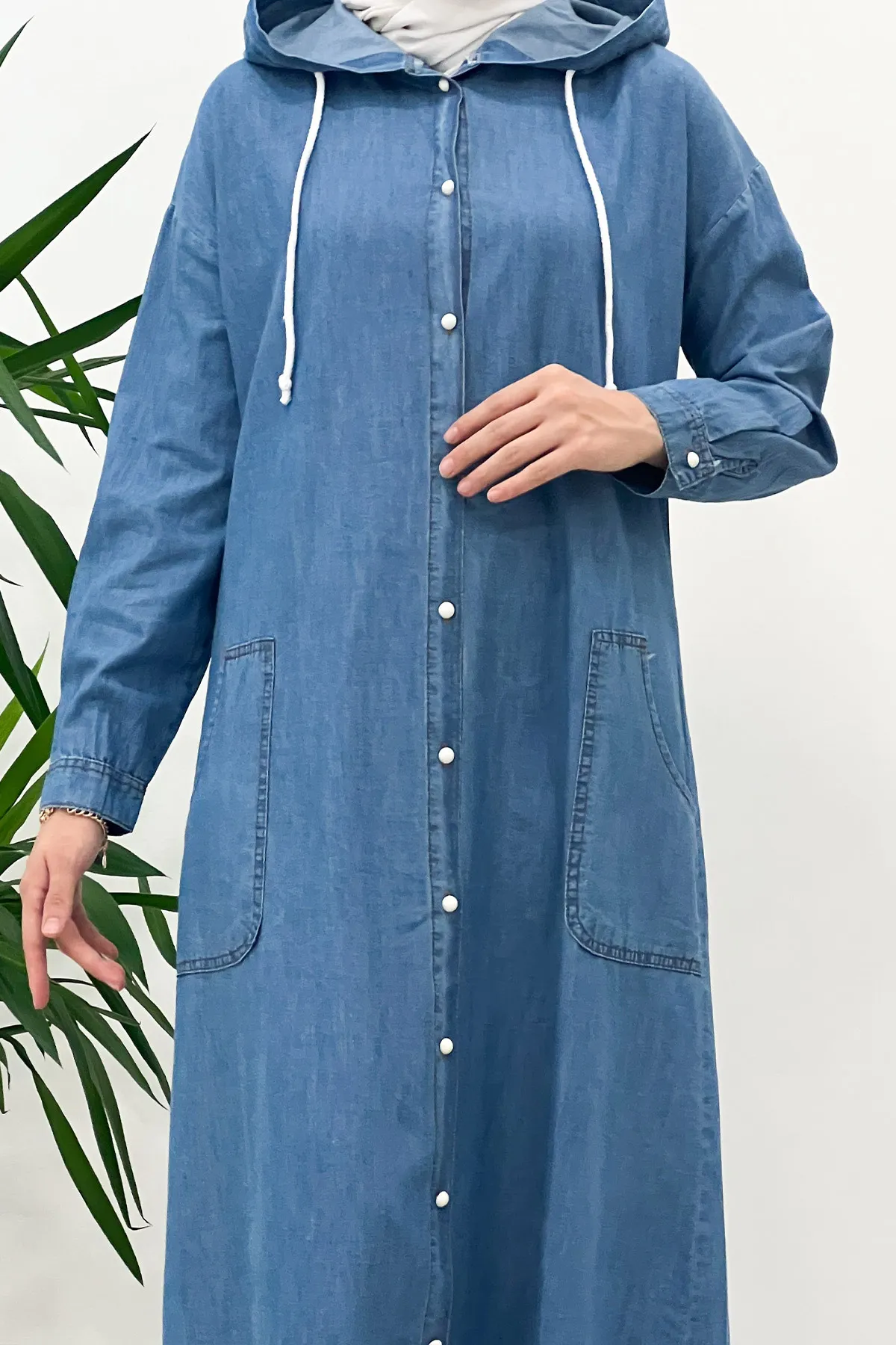 Tesettür Dünyası  Vorne geknöpfte Denim-Kappe Tsd220910 Hellblau