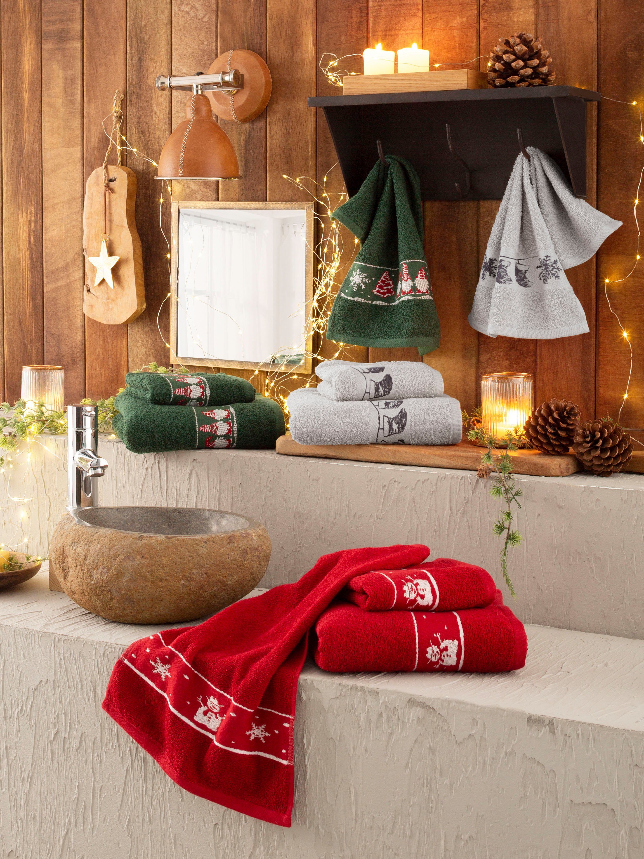 my home Handtuch Set Weihnachten, Walkfrottee, (Set, 3-tlg), mit Sternen & Bordüre, weihnachtliches Handtuchset, 100% Baumwolle