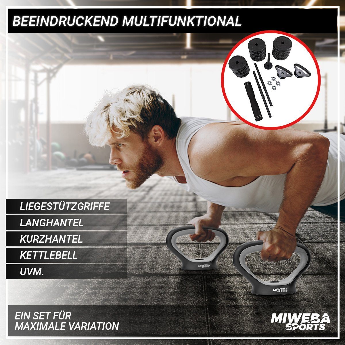 Miweba Sports Hantel-Set verstellbares 6in1 Hantel Set - 25 kg, (Liegestützgriffe - Kurzhanteln - Langhantel - Kettlebell - Multifunktionshantel - Krafttraining - Muskelaufbau - Workout - Training - Kurzhantelset - Hantel komplett Set, 6 Hantel Konst