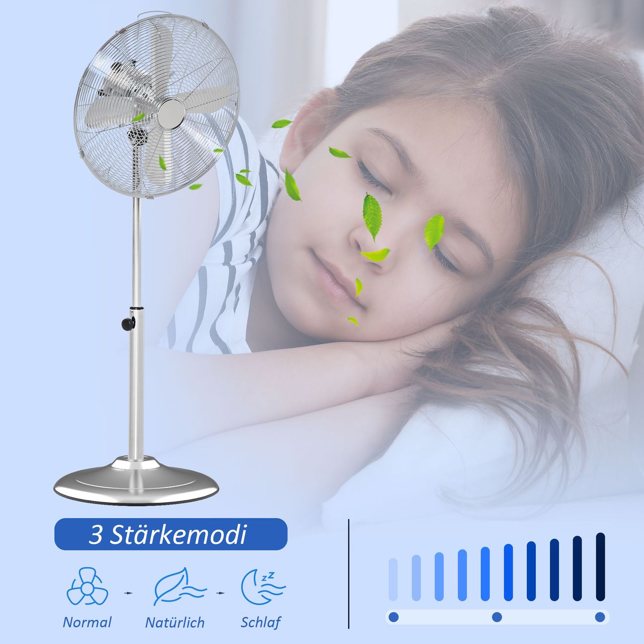 HOMCOM 120 cm Standventilator, Ventilator, Höhenverstellbarer Lüfter, 3 Geschwindigkeitsstufen, Verstellbarer Neigungswinkel, Stahl, Silber