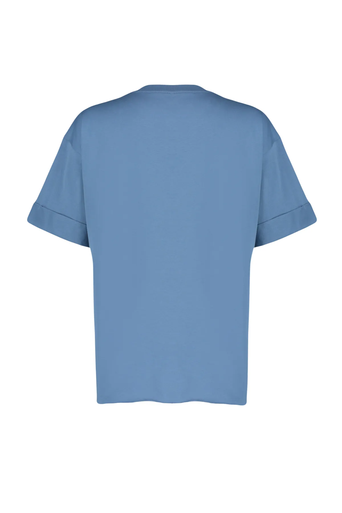 Trendyol Collection  Indigoblaues, asymmetrisches Boyfriend-Strick-T-Shirt aus 100 % Baumwolle mit zwei Ärmeln TWOSS20TS0828