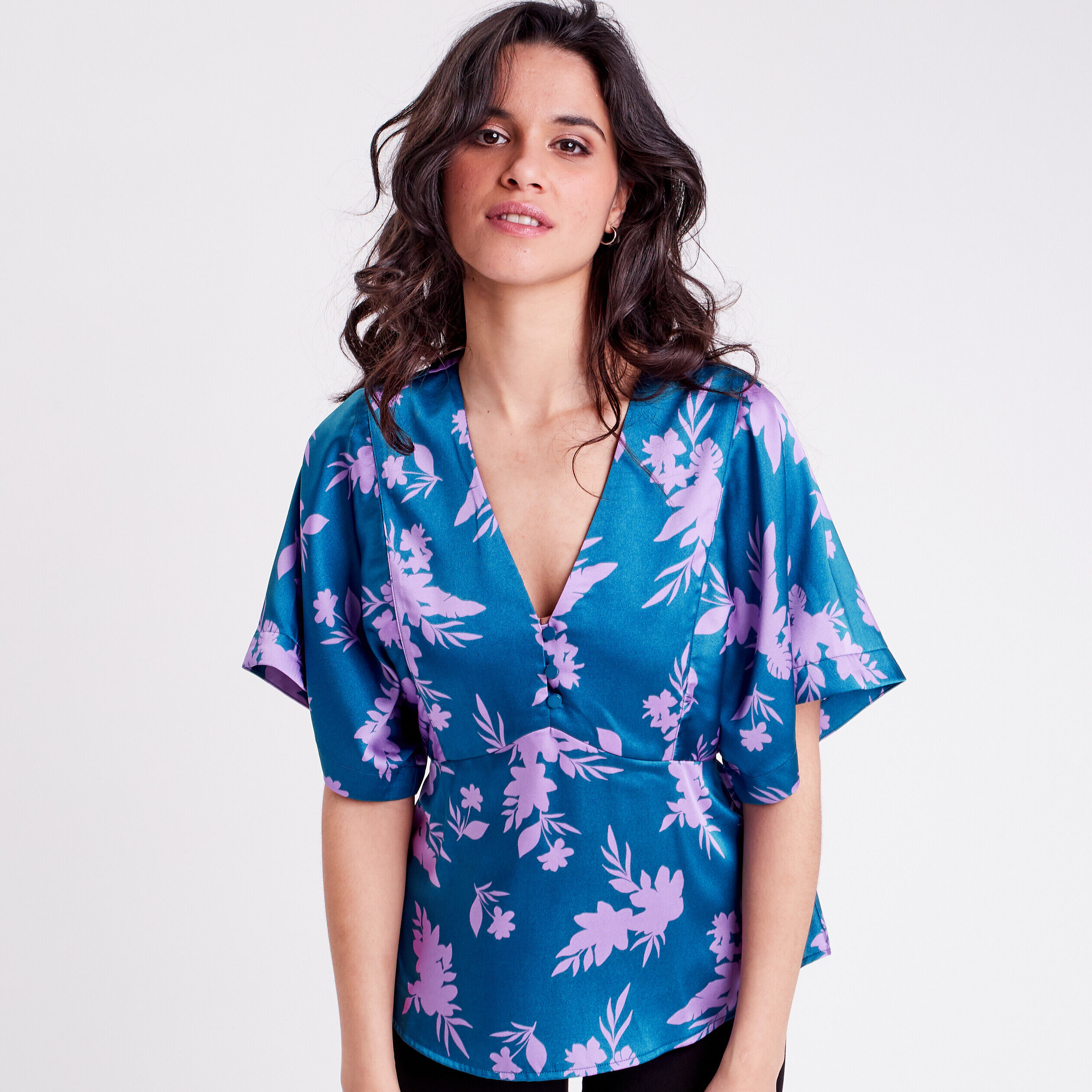 Blouse évasée manches 3/4 bleu femme | Cache Cache