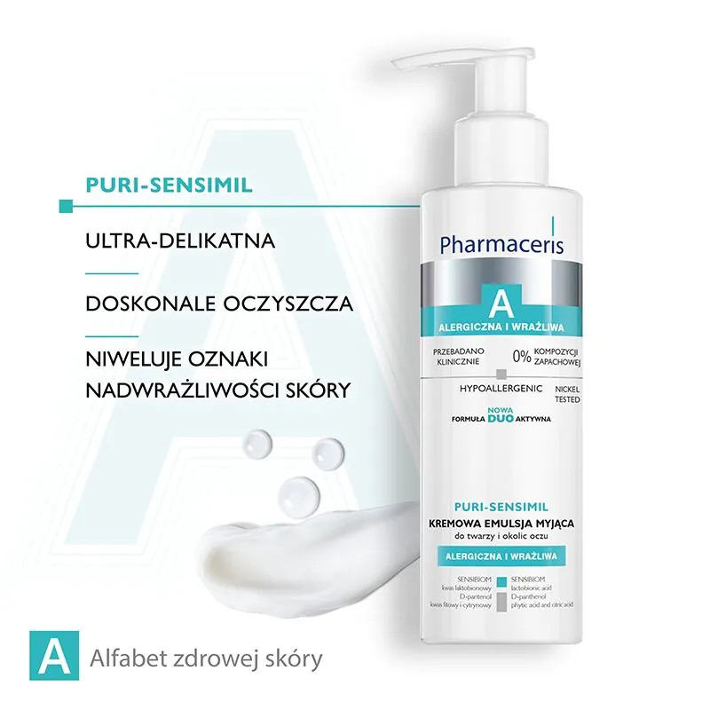 „Pharmaceris A Puri-Sensimil“ kreminė valomoji emulsija veidui ir paakių sričiai.