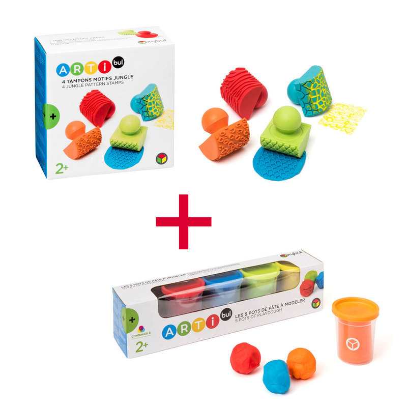 Lot 4 tampons motifs jungle et 5 pots de pâte à modeler Oxybul