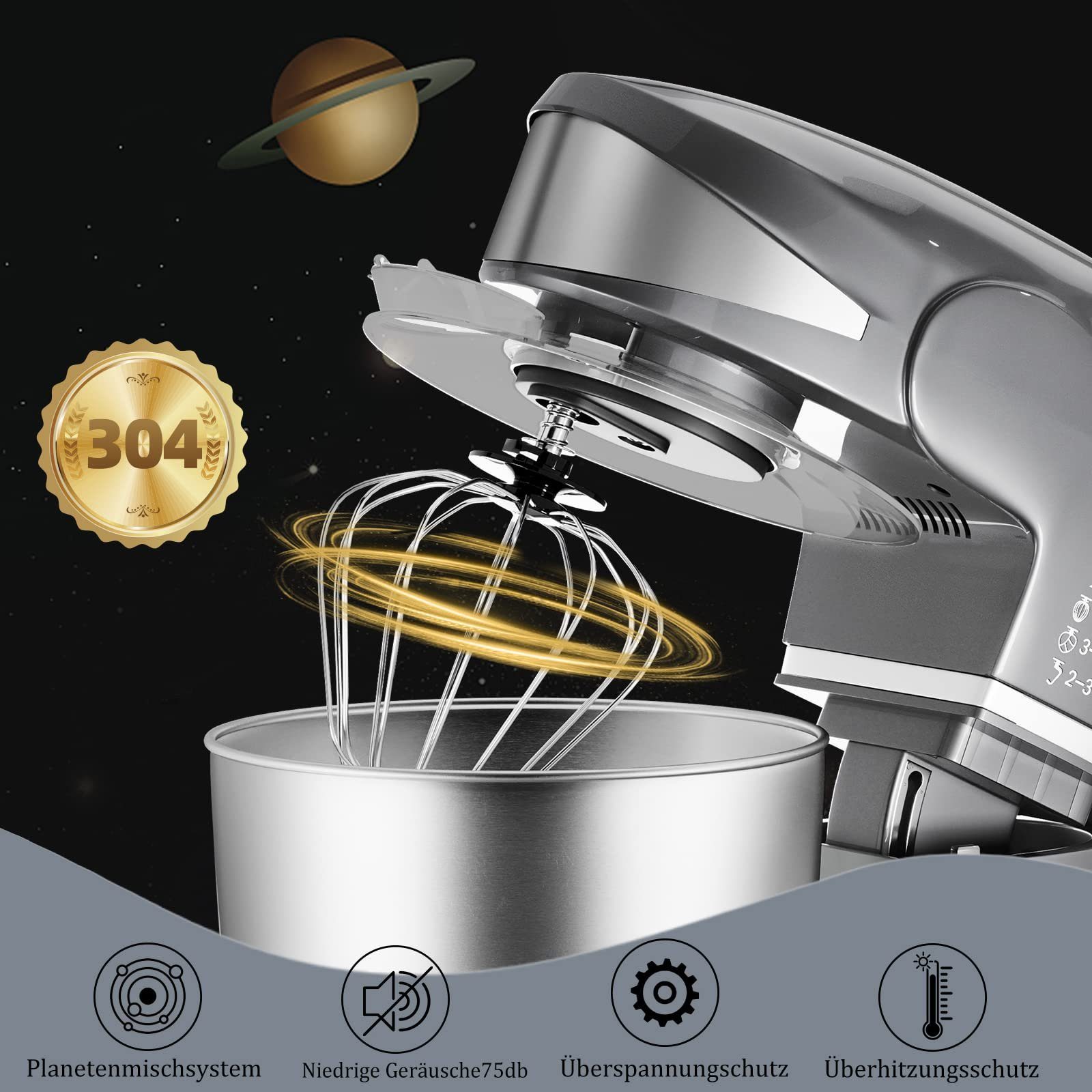 HOMELUX Küchenmaschine Multifunktional Knetmaschine mit 6 Geschwindigkeit, 2000,00 W, 5,00 l Schüssel, inkl 3-Teiligem Patisserie-Set und Spritzschutz, Edelstahlschüssel