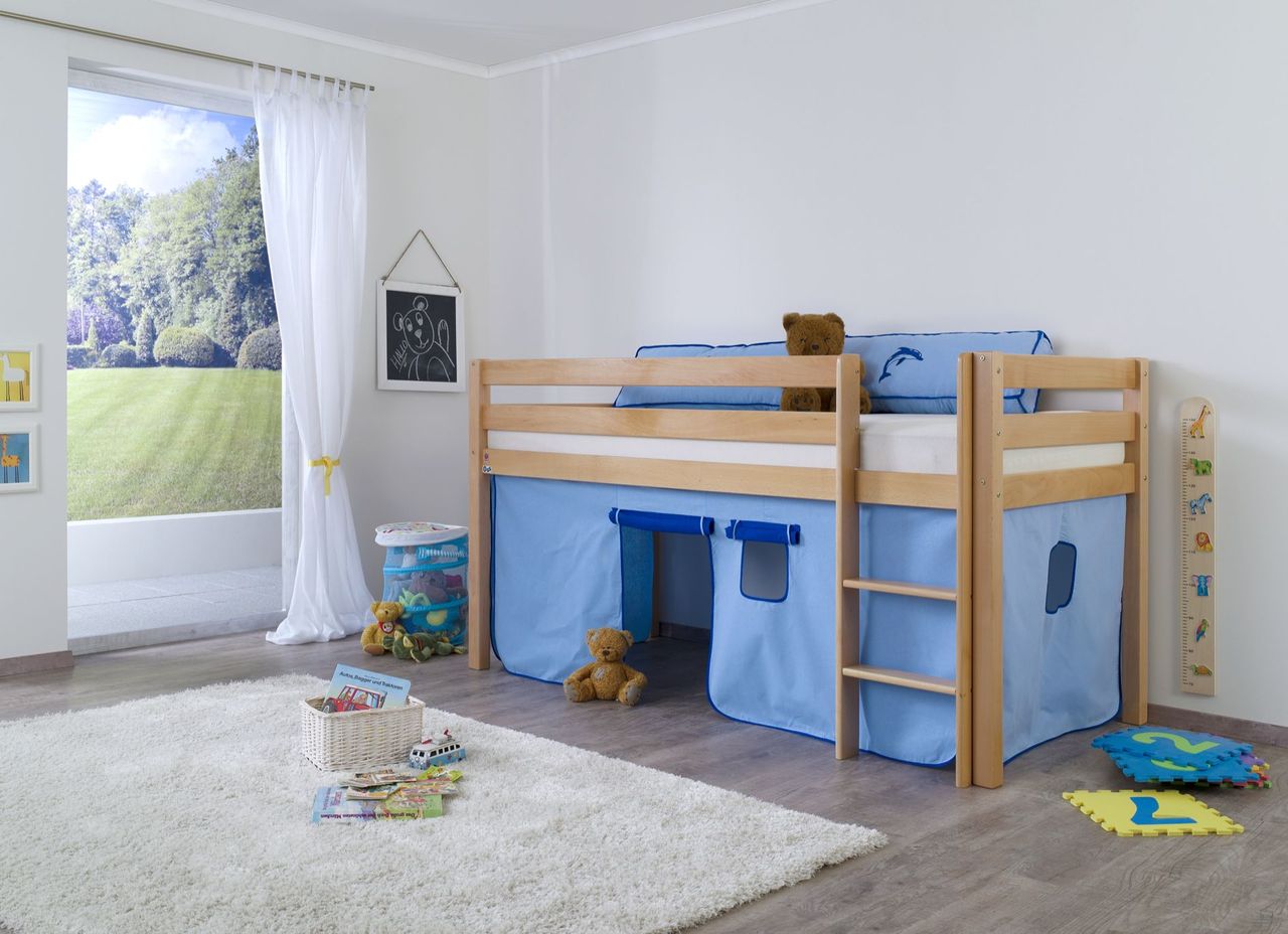 Relita Halbhohes Spielbett ALEX Buche massiv natur lackiert mit Stoffset Vorhang blau/delfin
