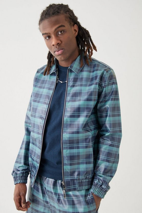Karierte PU Harrington-Jacke mit Reißverschluss