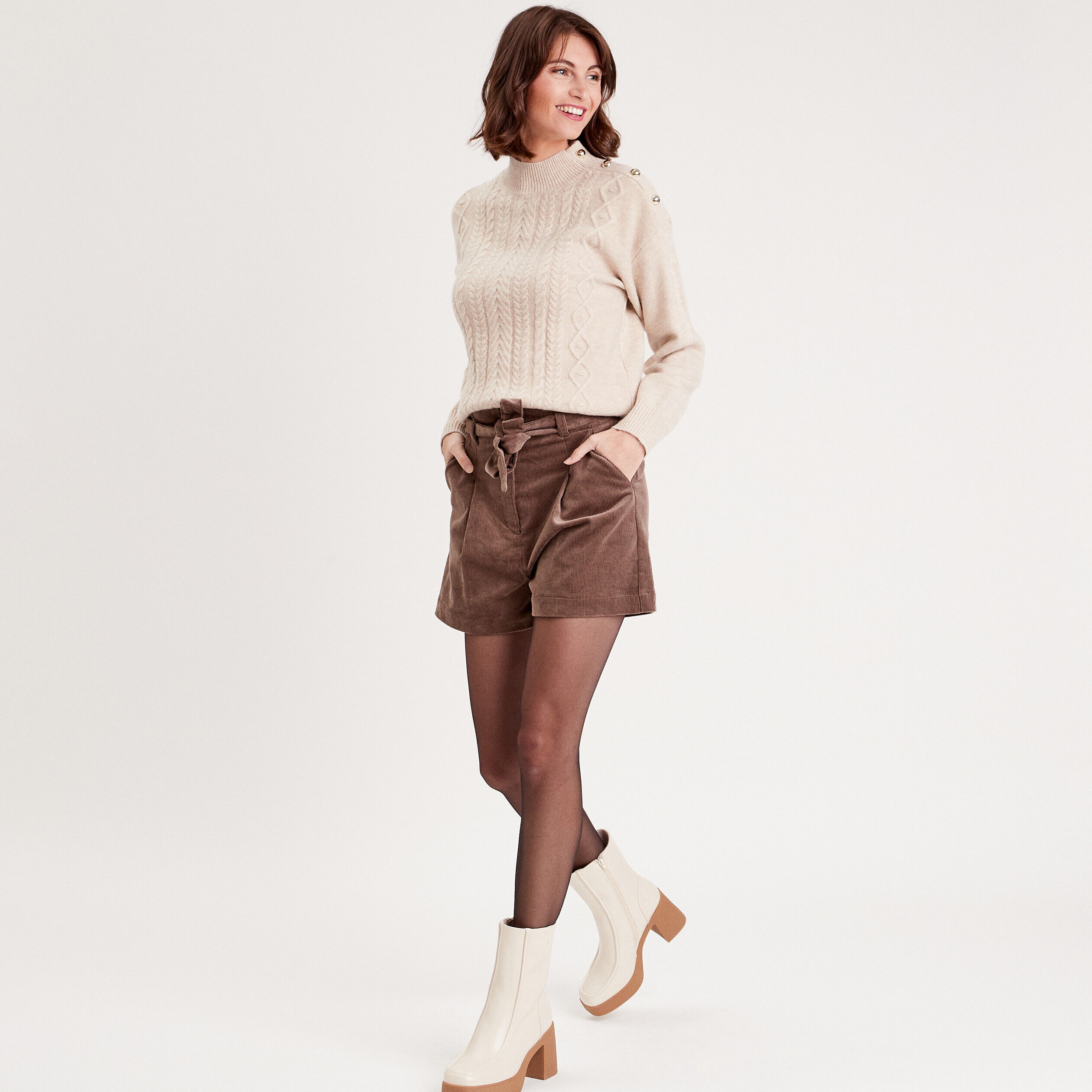 Pull col montant avec torsades sable femme | Cache Cache