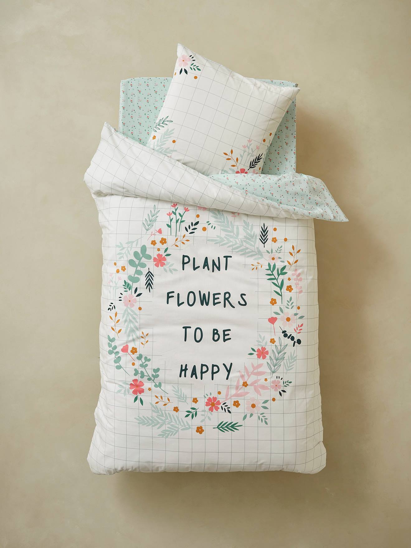 Parure housse de couette + taie d'oreiller enfant Bio Collection FLOREALE ecru/bleu grisé