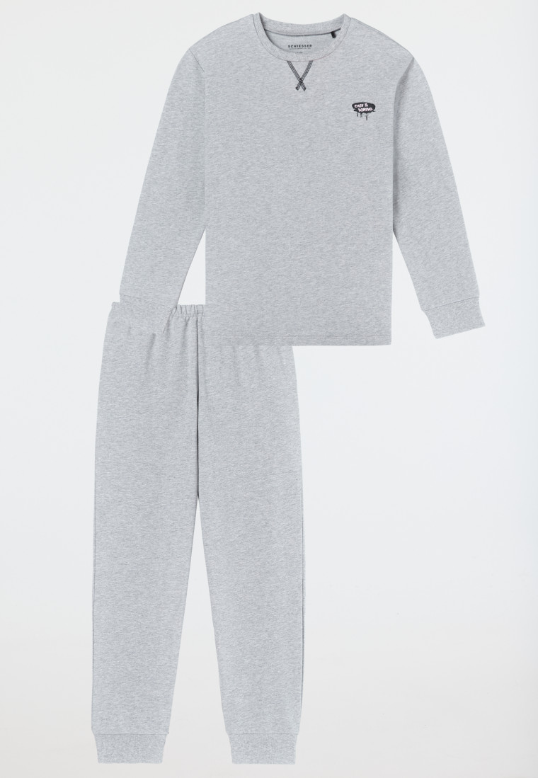 Schlafanzug lang Sweatwear Bündchen grau-meliert - Nightwear