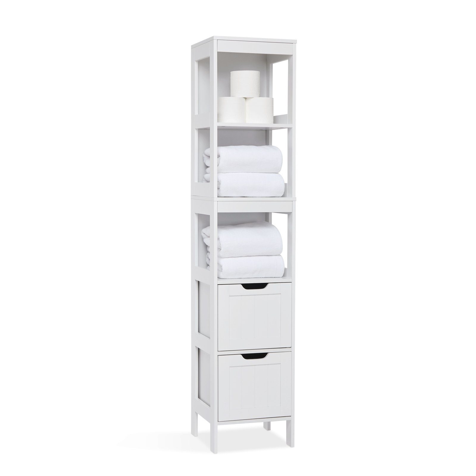 Mondeer Badkommode Badezimmerschrank, Hochschrank, Badschrank, mit 2 Schubladen und 3 offenen Regal