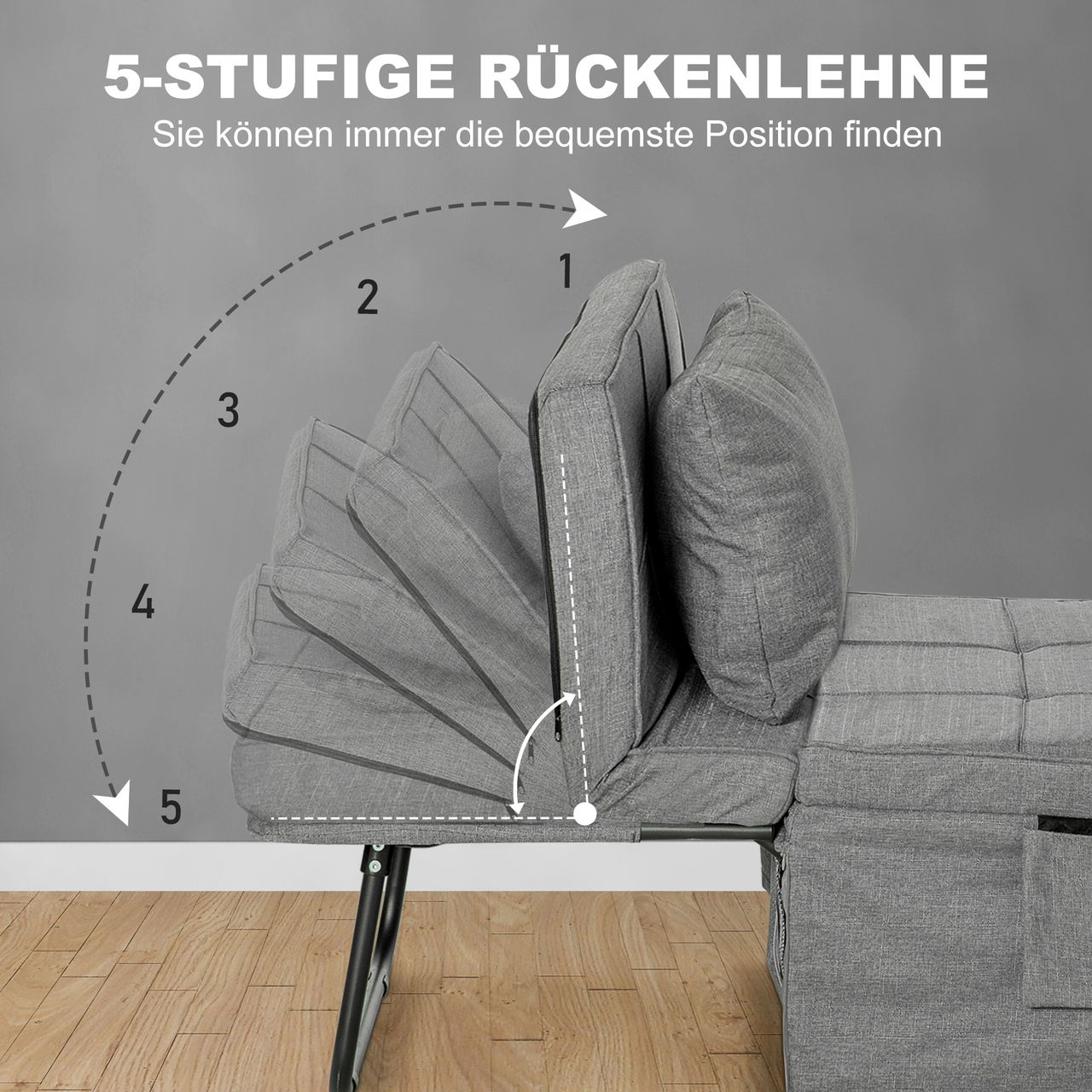 HOMCOM 4-in-1 Einzelbett Klappbett Gästebett klappbare Reisebett Sessel Ottomane mit 8 cm Matratze 5-Stufen Höhenverstellbar mit stabilem Stahlrahmen Grau 188 x 75 x 38 cm…