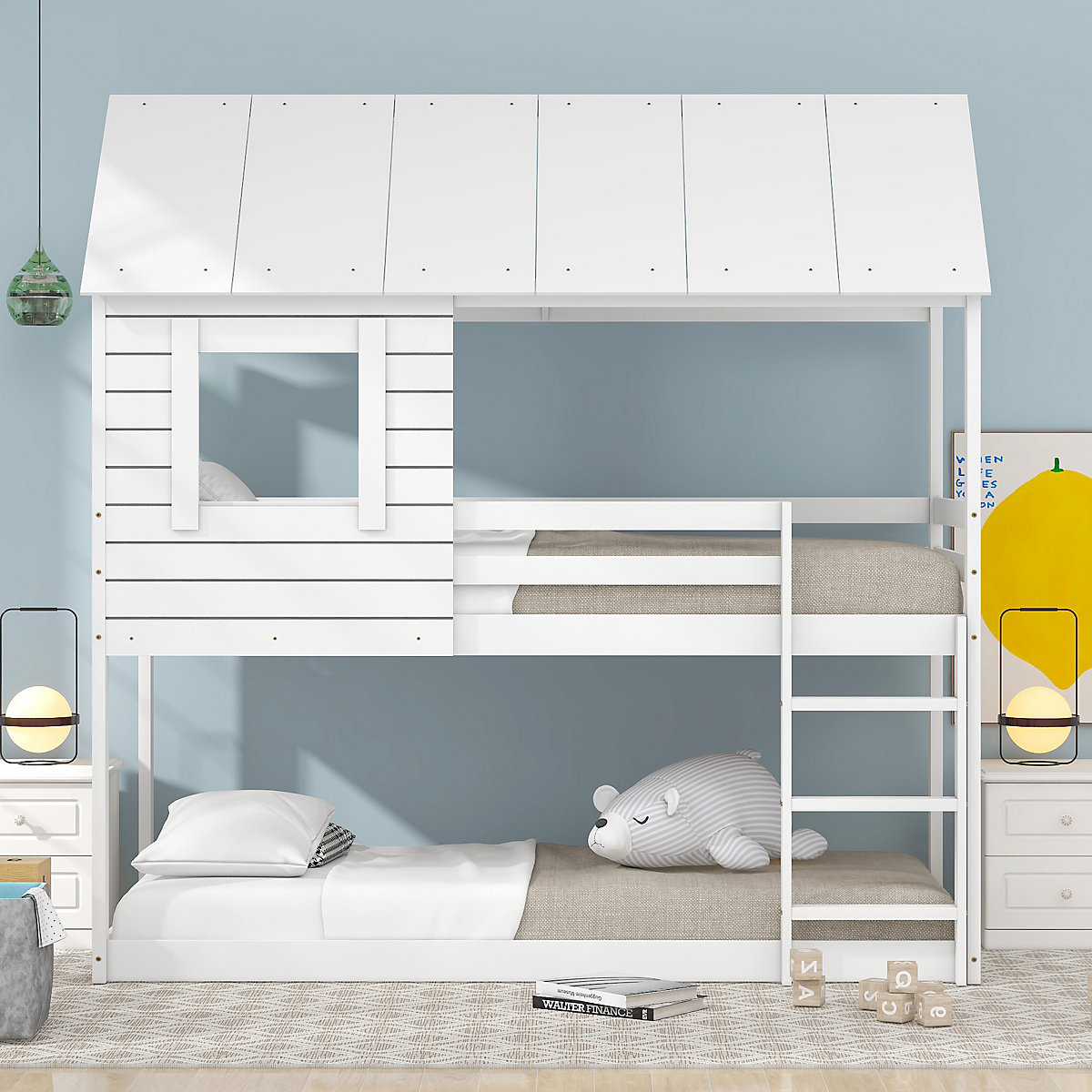 Etagenbett Kinderbett Holz Etagenbett 90 X 200 cm, Kinder hausbett mit Dach, Leiter und Lattenrost