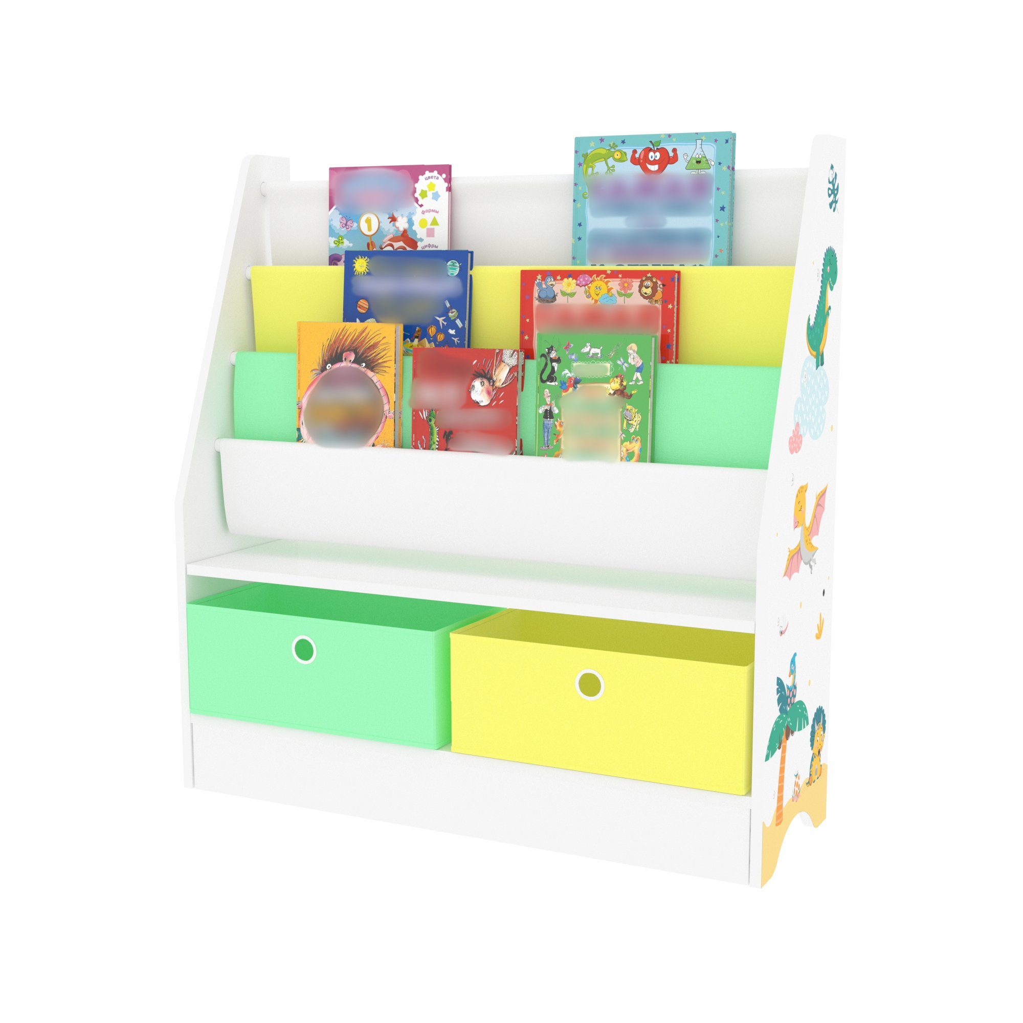 en.casa Bücherregal, Neda Kinderregal 74x71x23 cm mit Dinosaurier-Motiv Weiß/Grün/Gelb