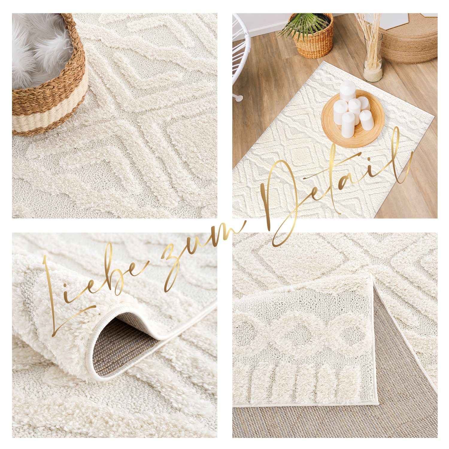 Hochflor-Teppich Boho Skandinavisch Style - Pastellfarben - Raute Muster Meliert, payé, Rechteckig, Höhe: 20 mm, Cut-Loop