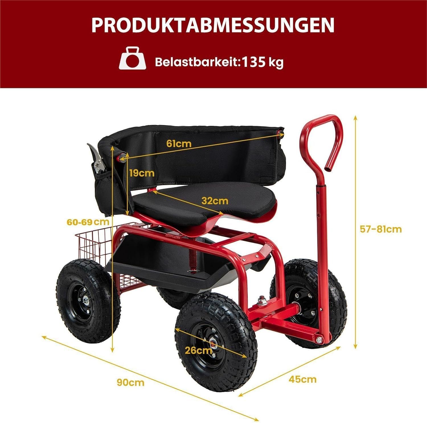 KOMFOTTEU Rollsitz Gartenwagen, mit Griff & Rückenlehne, bis 135kg