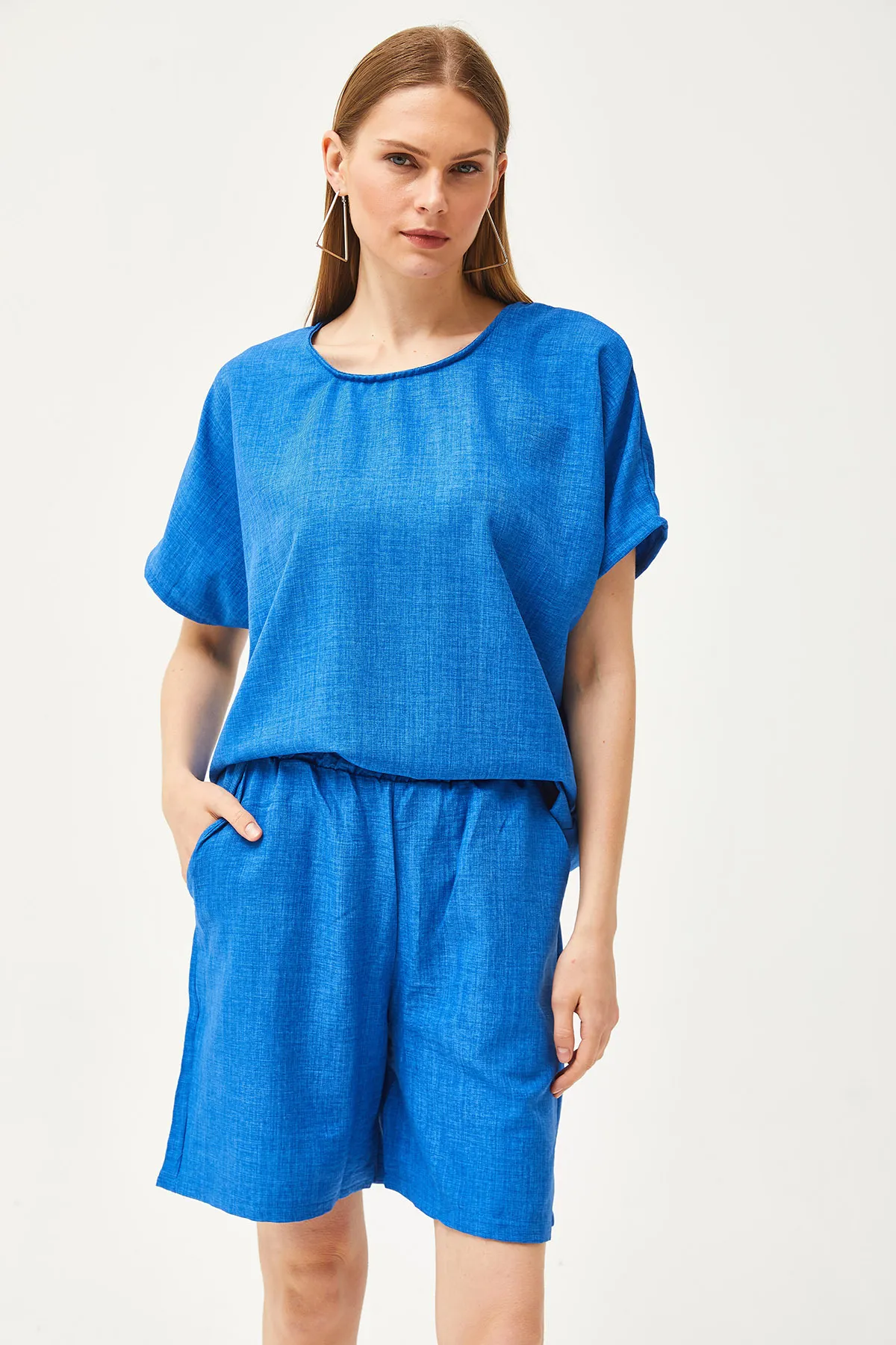 Olalook  Damen Saks Blaues Top Lockere Bluse Shorts mit Untertasche Leineninhalt Set TKM-19000268