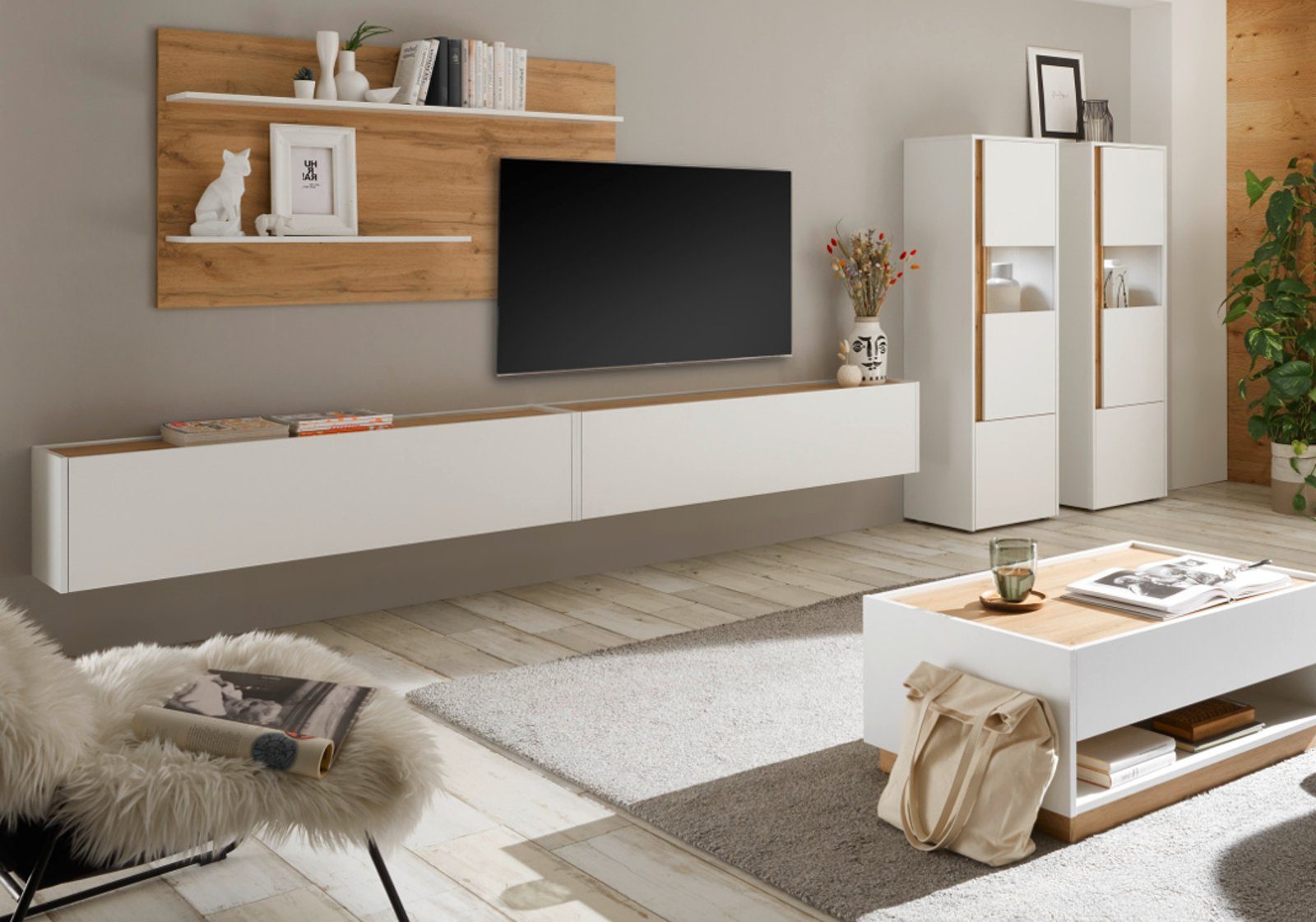 Furn.Design Wohnwand Center, (Set 5-teilig in weiß mit Wotan Eiche, 440 x 180 cm), mit Hänge-Lowboard