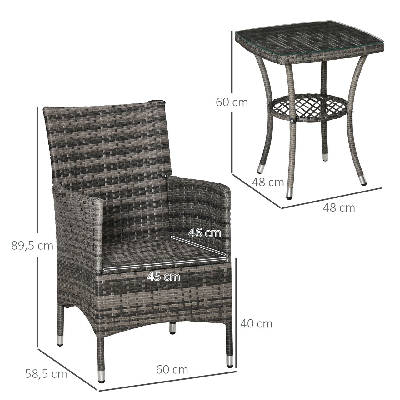 Outsunny Gartensitzgruppe mit Beistelltisch, Bistroset, 3-tlg. Rattan Gartenset Sitzgarnitur mit Sitzkissen Polyrattan   Stahl Dunkelgrau 60 x 58,5 x 89,5 cm