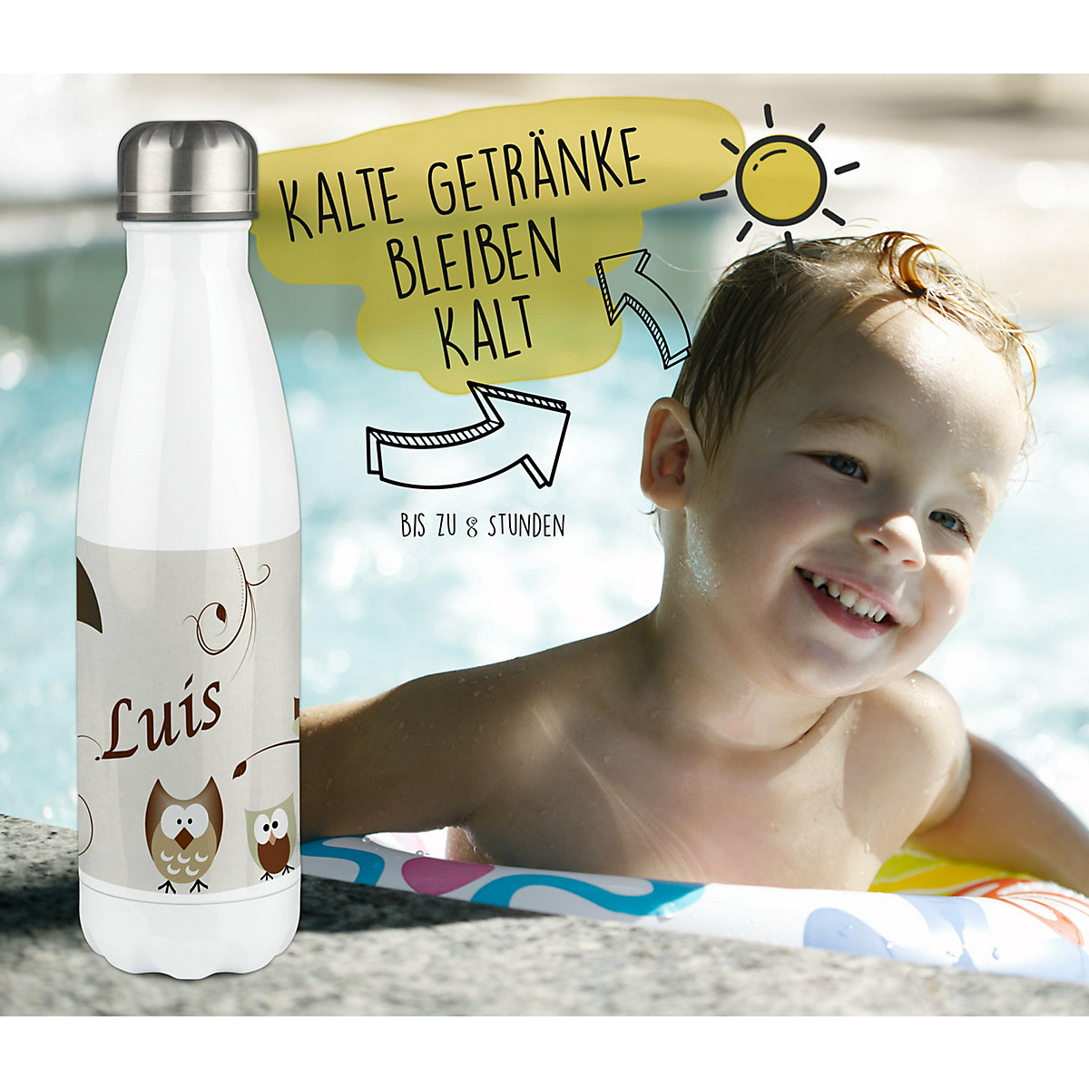 Edelstahl Kinder Thermoflasche / Trinkflasche bunt Eule Farbe beige Spülmaschinenfest, Auslaufsicher, Bruchfest, Doppelwandig, Für Heißgetränke geeignet, Mit Deckel, Isoliert