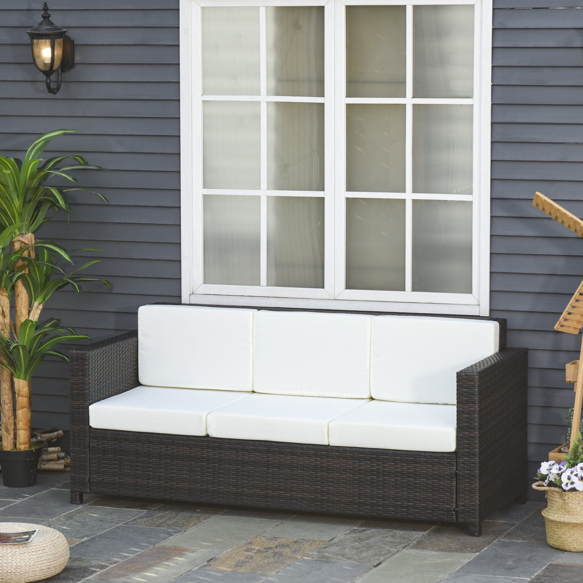 Outsunny Gartenbank 3 - Sitzer Rattansofa mit Kissen