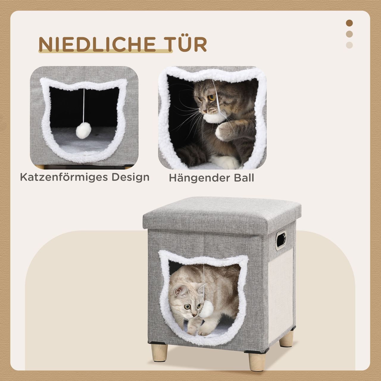 PawHut Katzenhöhle, Katzenhaus mit Kissen Ottomane mit Spielball Polyester, Grau