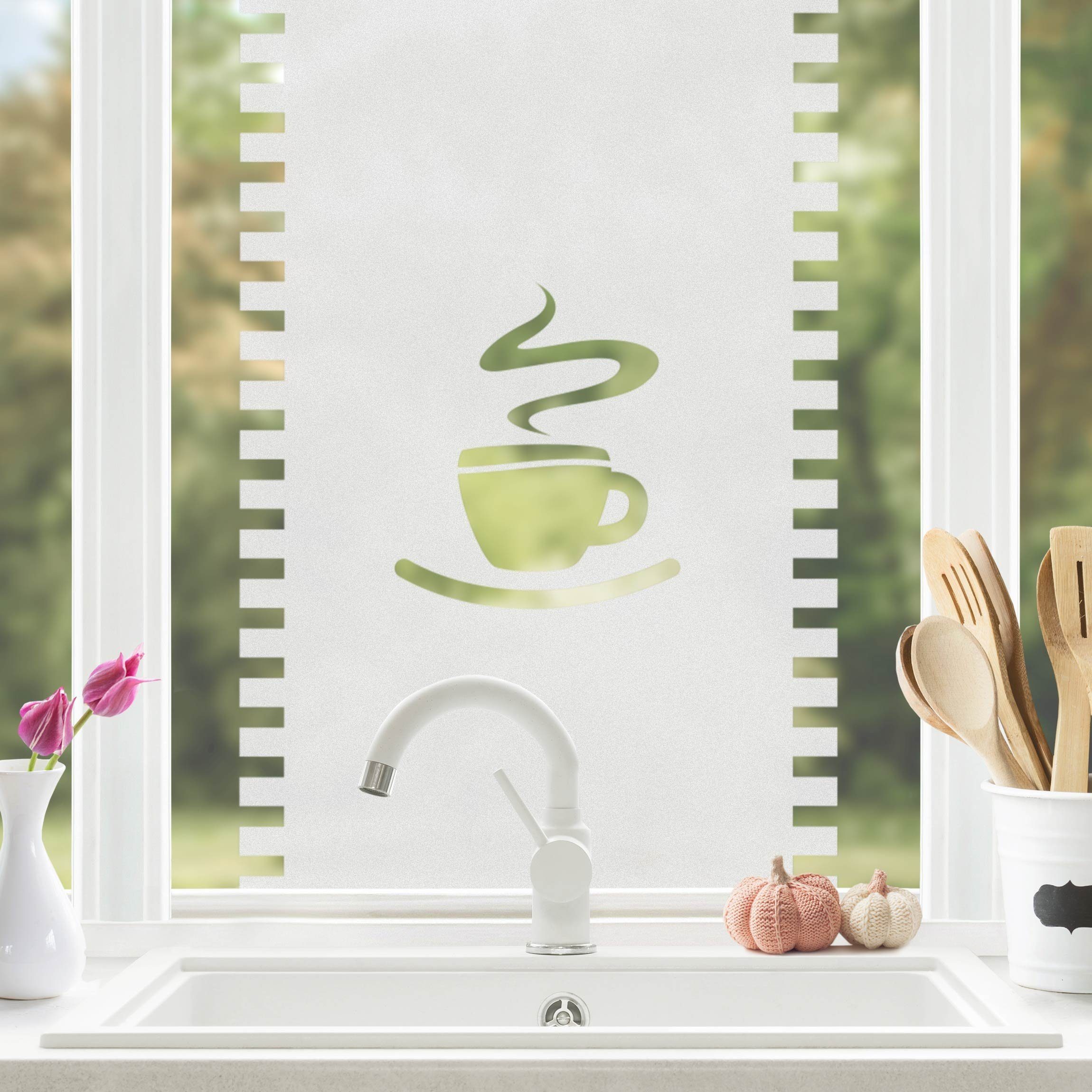 Fensterfolie statisch haftend Motiv Fensterdeko Gardine Tasse Küche, Bilderdepot24, blickdicht, Innen Fenster Tür Balkontür Küche Esszimmer Küchenfenster