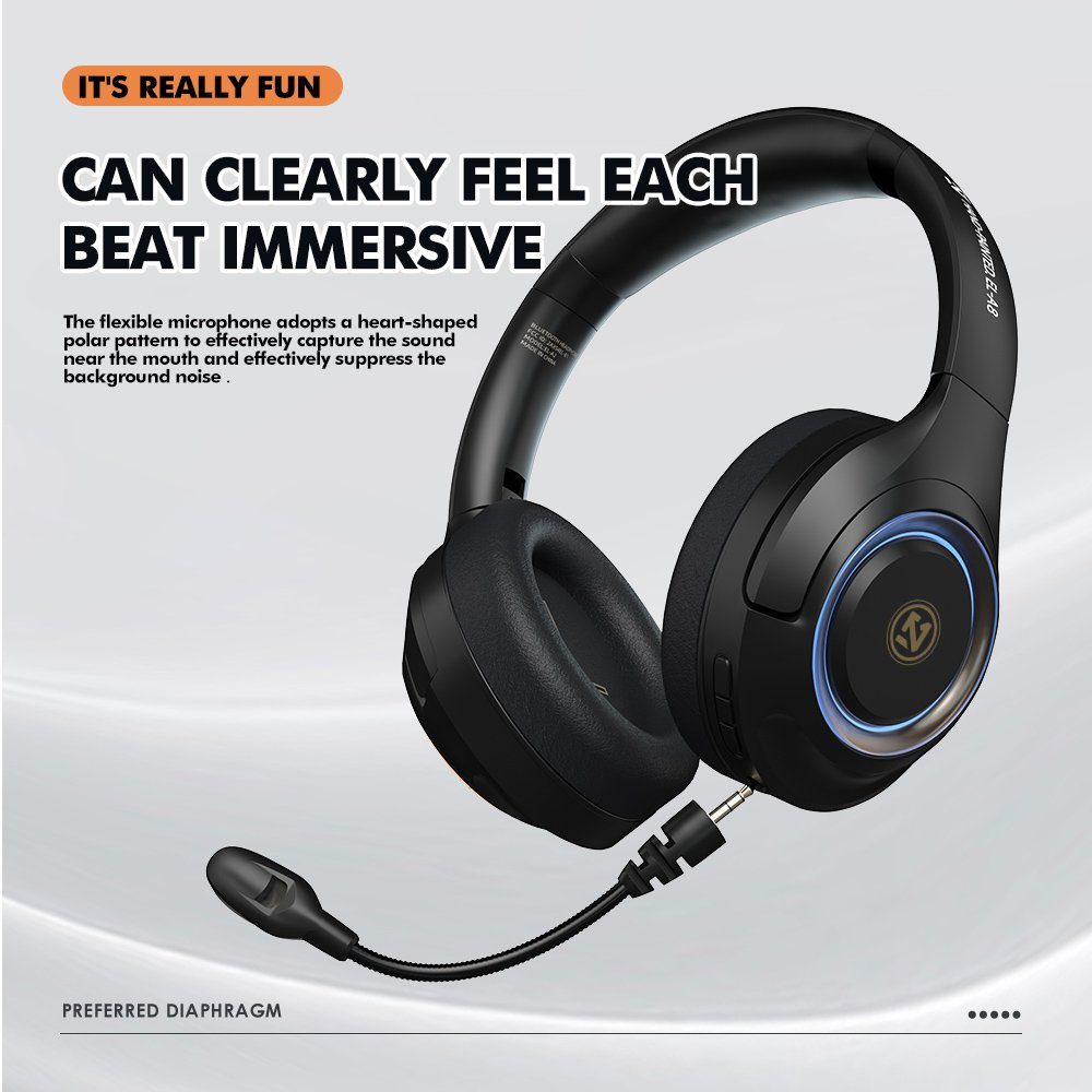 Mutoy Gaming Headset mit RGB Atemlicht&Mikrofon abnehmbar,Over Ear-Kopfhörer Gaming-Headset (Headset mit Mikrofon, Noise-Cancelling,Hi-Fi Stereo,Faltbare, Bluetooth Wireless)