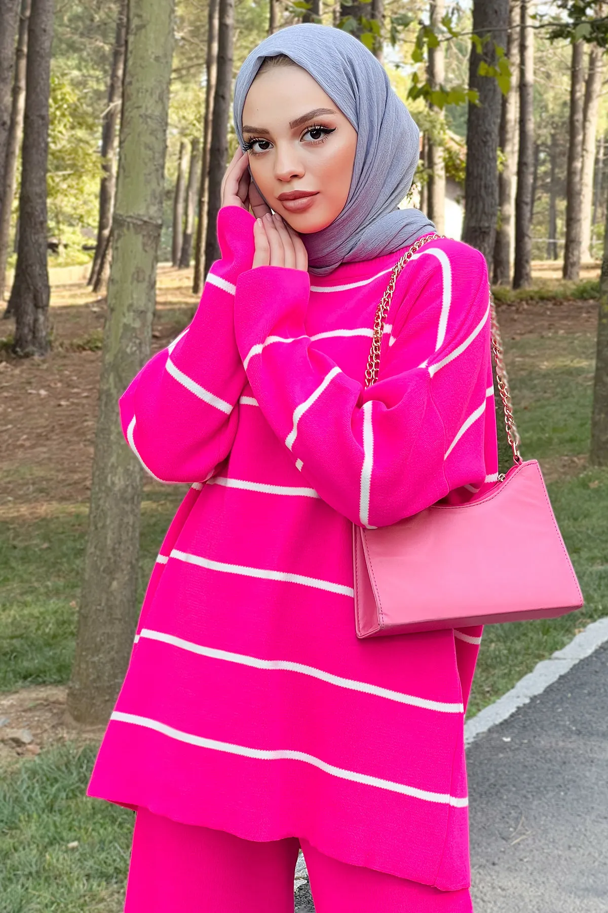 Tesettür Dünyası  Gestreifter Strickanzug Tsd220905 Fuchsia
