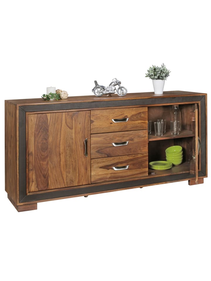 KADIMA DESIGN Design Sideboard Massivholz mit Kunstleder 160x44x80 cm günstig kaufen onesize
