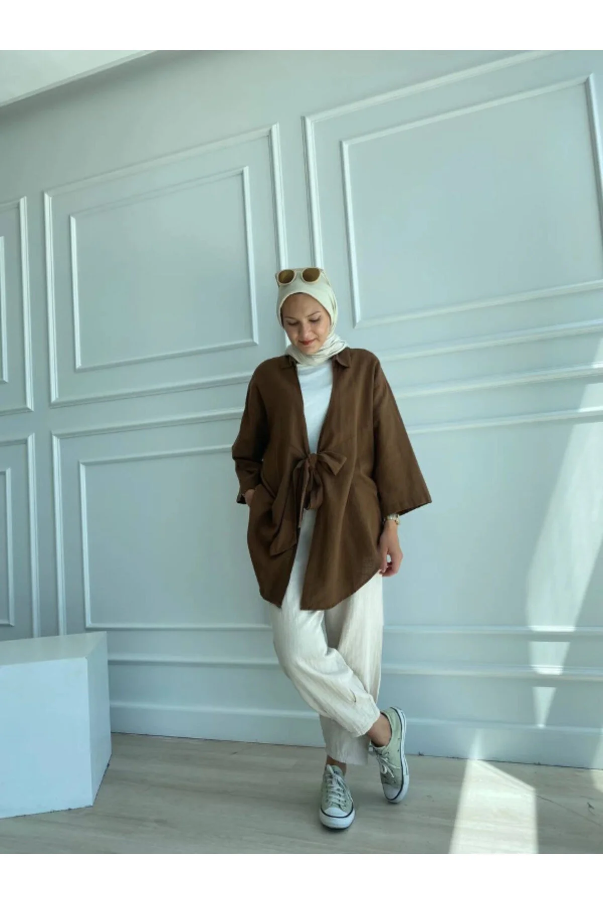 My Blog  Kimonohemd aus Leinen in Braun mit Flam-Muster, 100 % Baumwolle