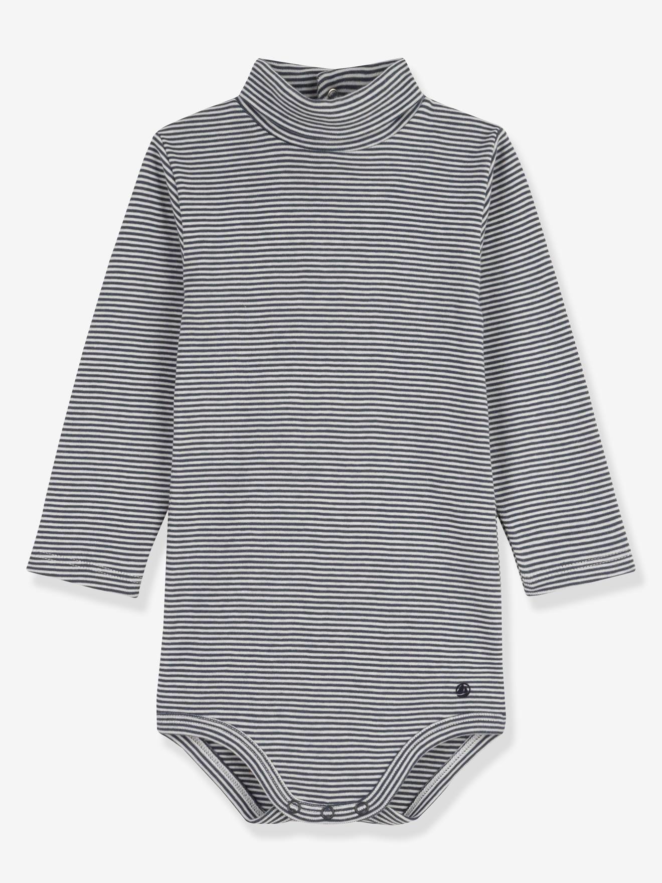 Body manches longues col roulé rayé en coton bio PETIT BATEAU gris