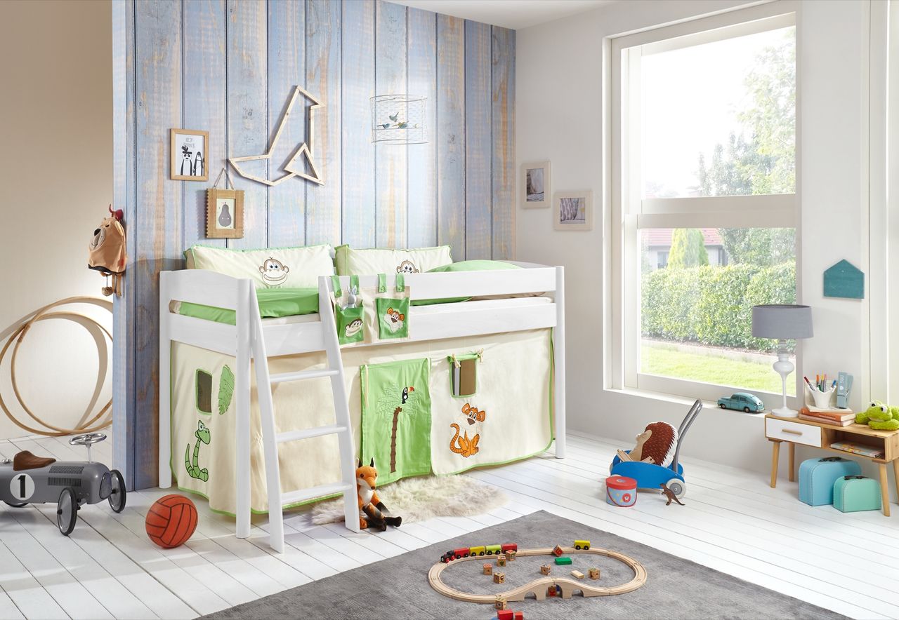 Relita Halbhohes Bett MICHELLE 90x200 cm Buche massiv weiß lackiert, mit Textilset Dschungel