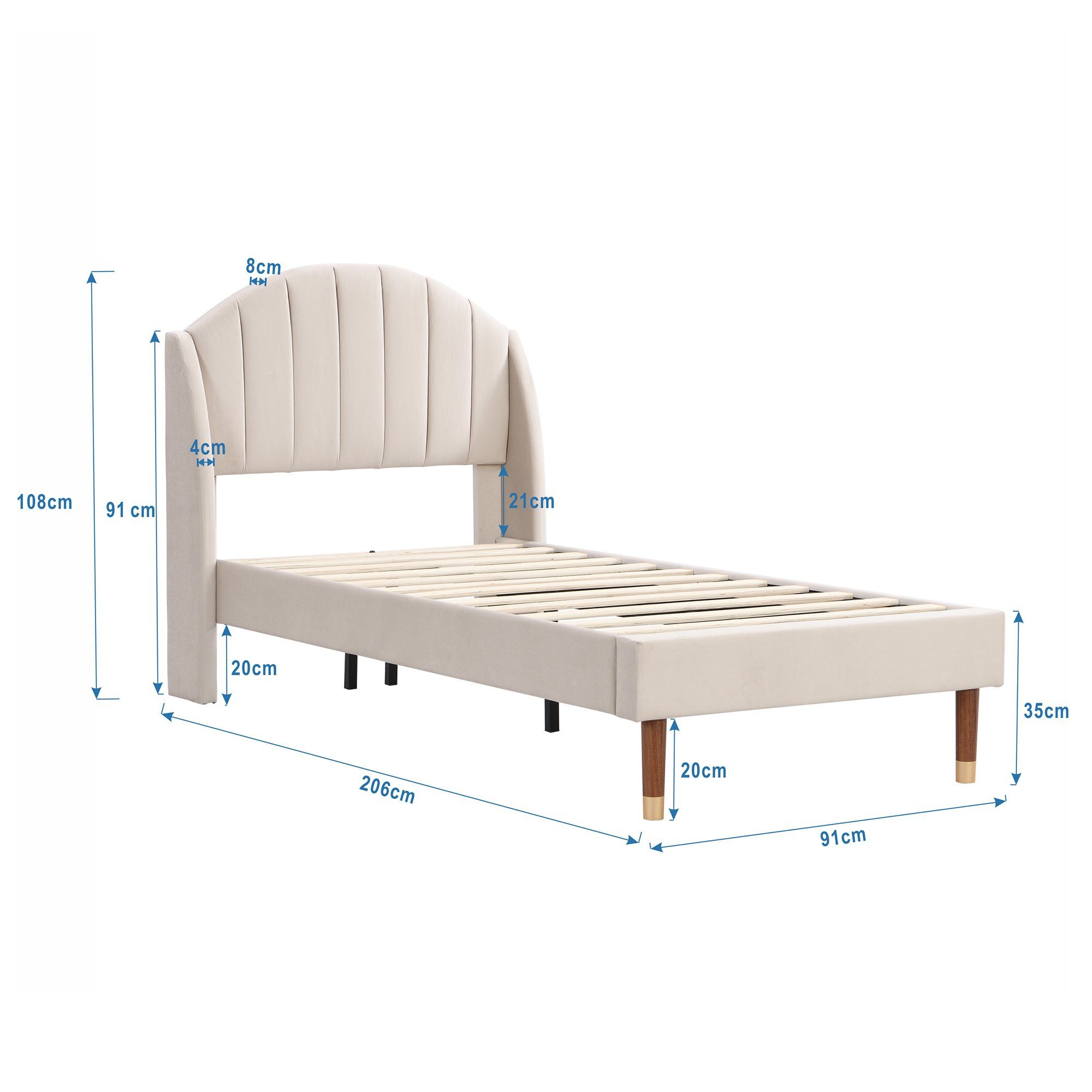 Flieks Polsterbett, Einzelbett Massivholzbett Kiefer 90x200cm Samt