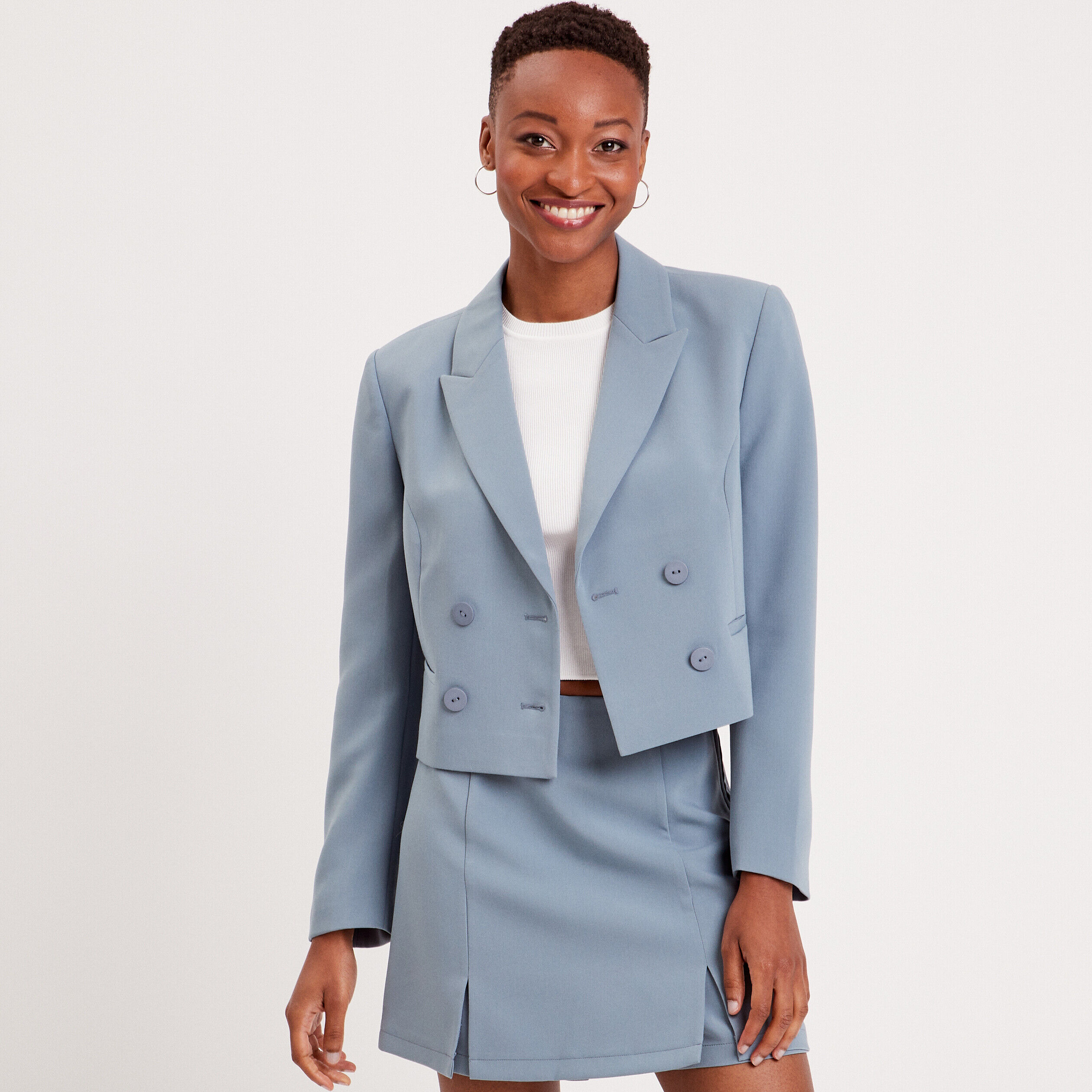 Veste blazer courte droite bleu gris femme | Cache Cache