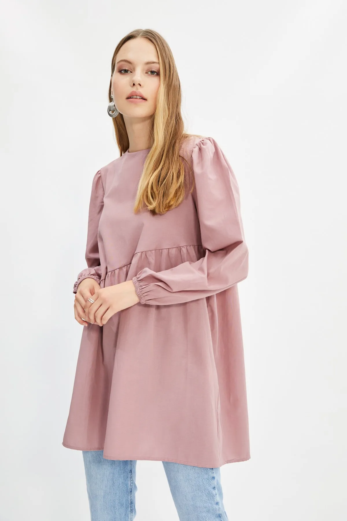 Trendyol Modest  Gewebte Tunika mit Rundhalsausschnitt und Kordelzug, Dried Rose TCTAW22UK0051