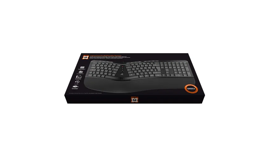 Müller ergonomische Multimedia-Tastatur mit 124 Tasten und Scroll-Rad, QWERTZ (DE/AT), kabelgebunden, schwarz