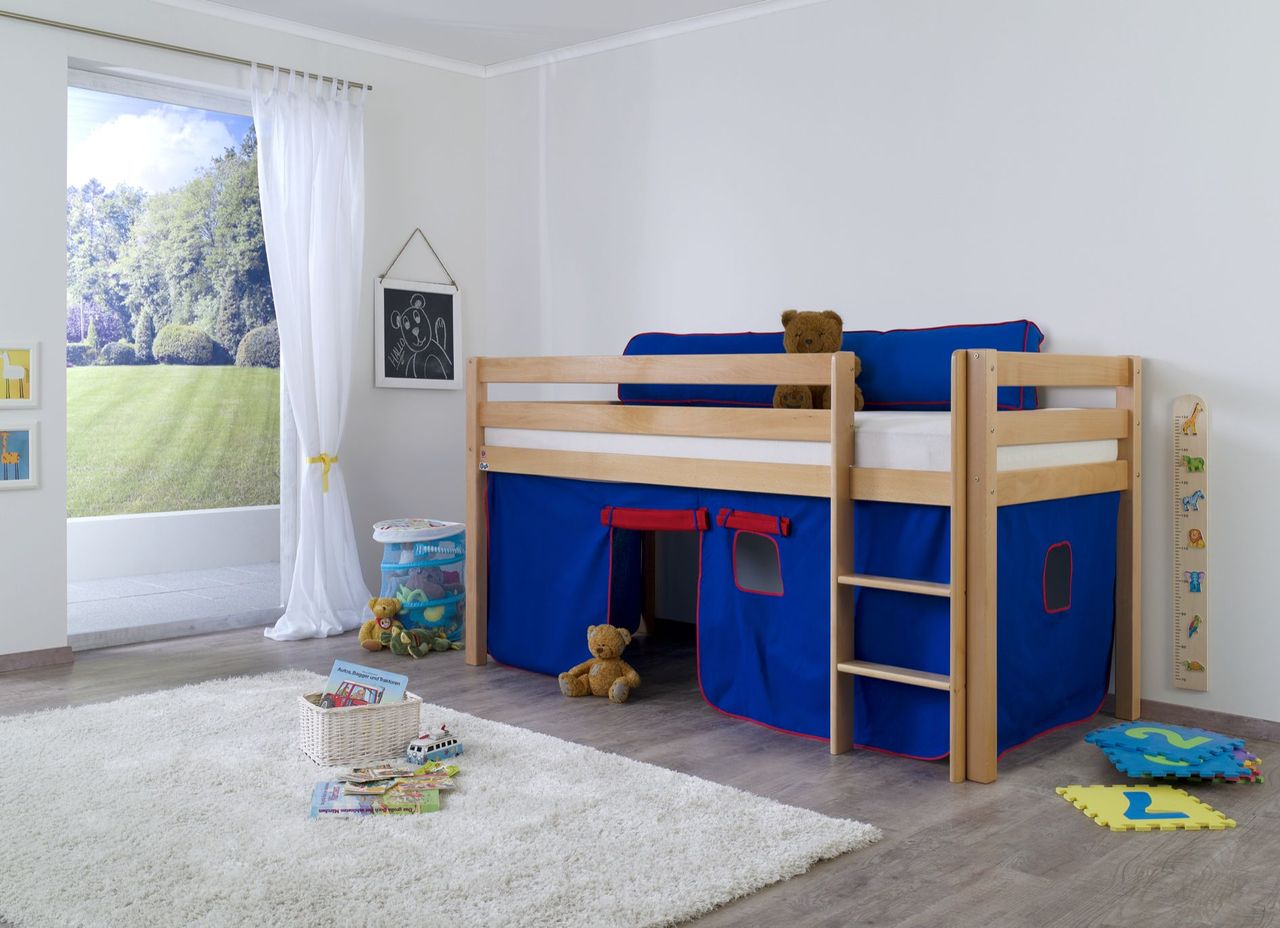 Relita Halbhohes Spielbett ALEX Buche massiv natur lackiert mit Stoffset Vorhang blau/rot