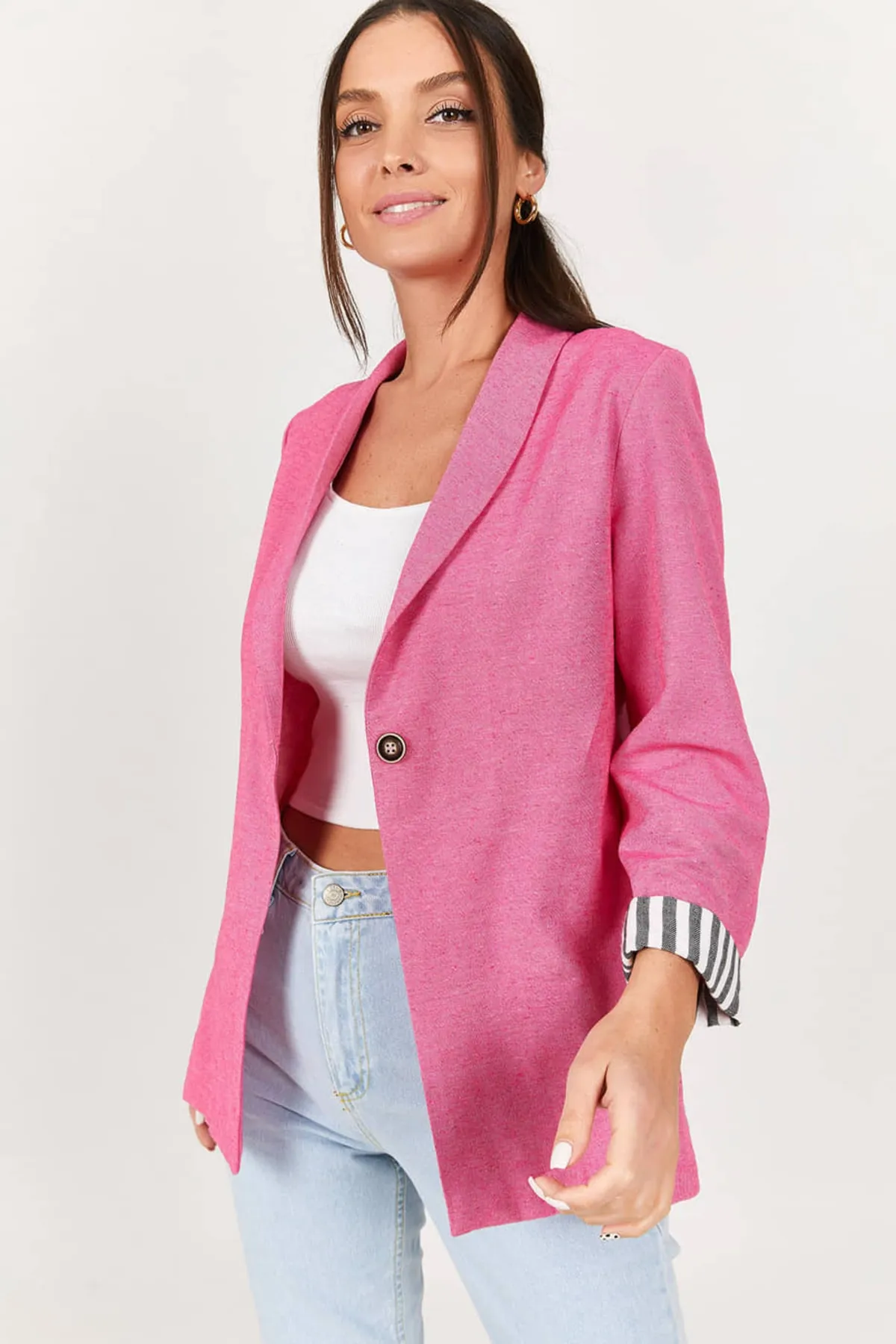 armonika  Gestreifte Jacke mit einem Knopf für Damen in Fuchsia-Ärmeln, ARM-22K001122
