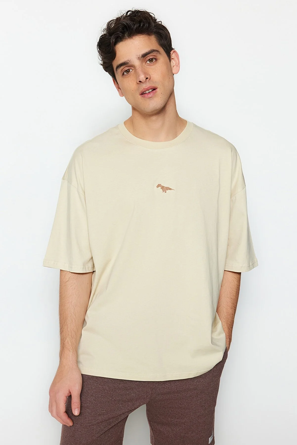Trendyol Collection  Stone Oversize Fit Rundhals-Kurzarm-T-Shirt mit Dinosaurier-Stickerei TMNSS23TS00243