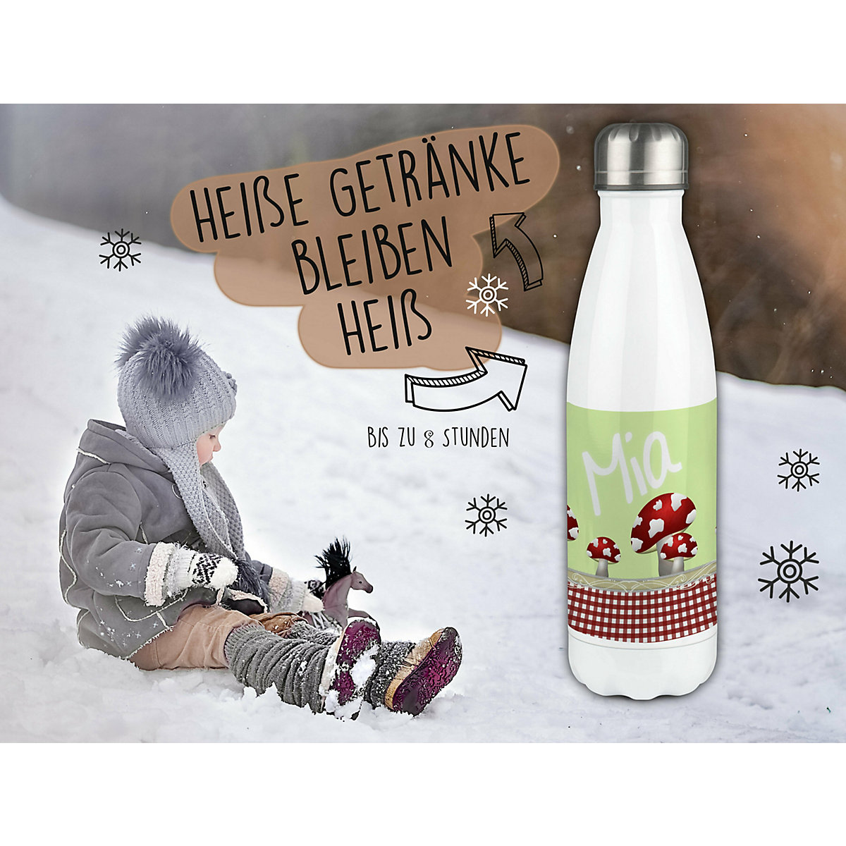 Edelstahl Kinder Thermoflasche / Trinkflasche bunt Pilz Farbe rot Spülmaschinenfest, Auslaufsicher, Bruchfest, Doppelwandig, Für Heißgetränke geeignet, Mit Deckel, Isoliert