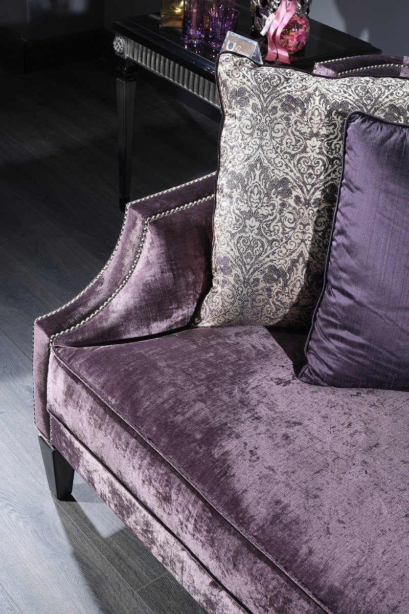 Casa Padrino Loungesofa Luxus Barock Samtsofa Lila / Schwarz / Silber 245 x 93 x H. 90 cm - Wohnzimmer Sofa - Barock Wohnzimmermöbel