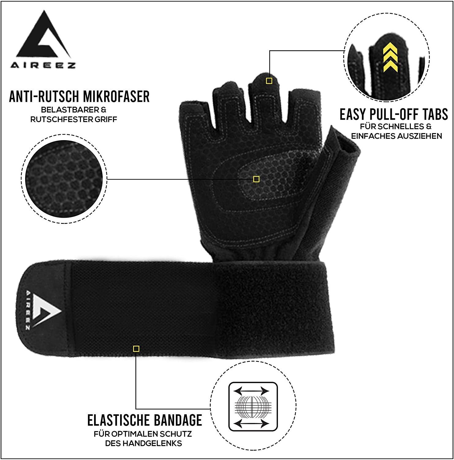 Aireez Trainingshandschuhe Aireez® 2 in 1 Fitnesshandschuhe, Trainingshandschuhe, Sporthandschuhe