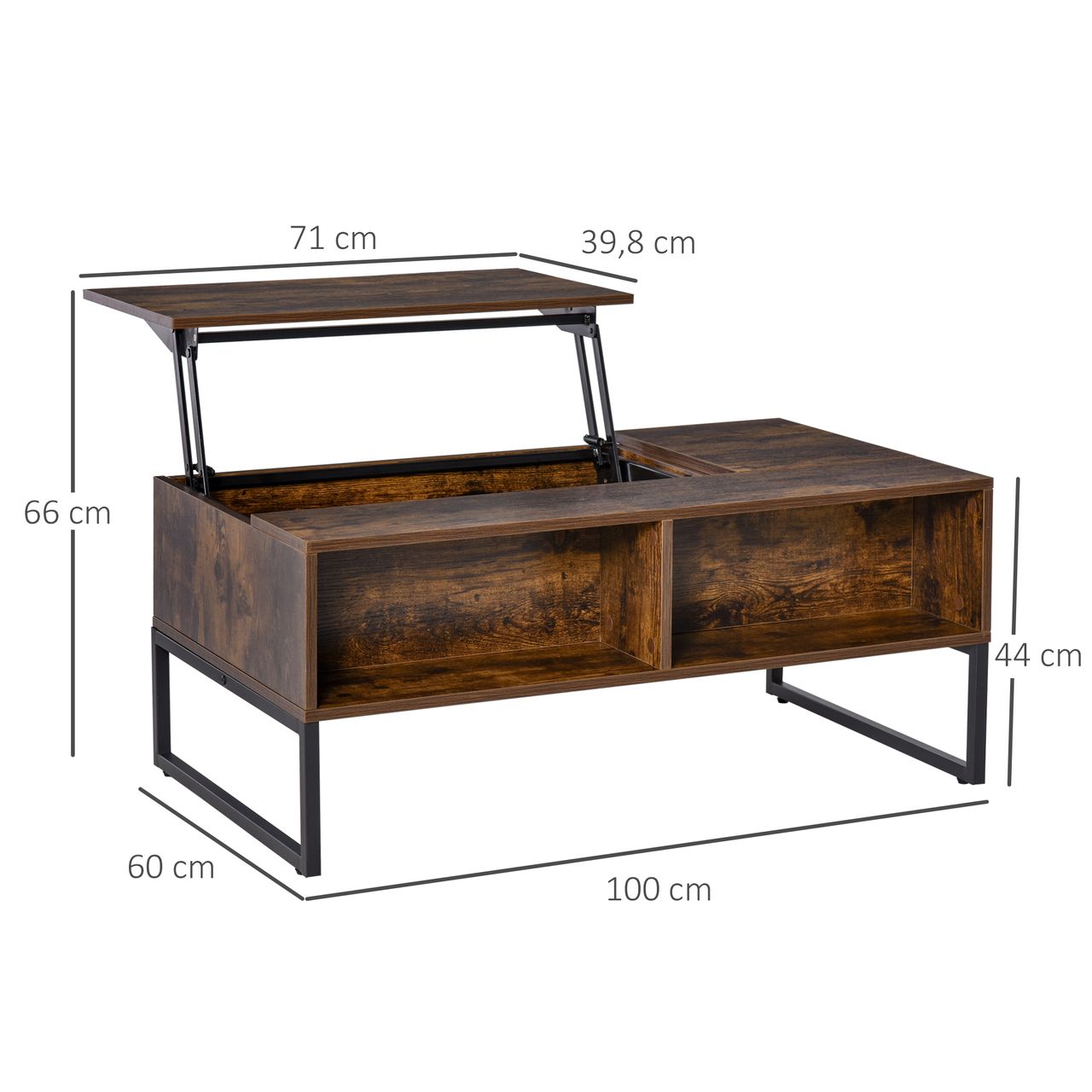 HOMCOM Couchtisch Wohnzimmertisch Kaffeetisch mit Höhenverstellbarer Platte Spanplatte Braun 100 x 60 x 44 cm