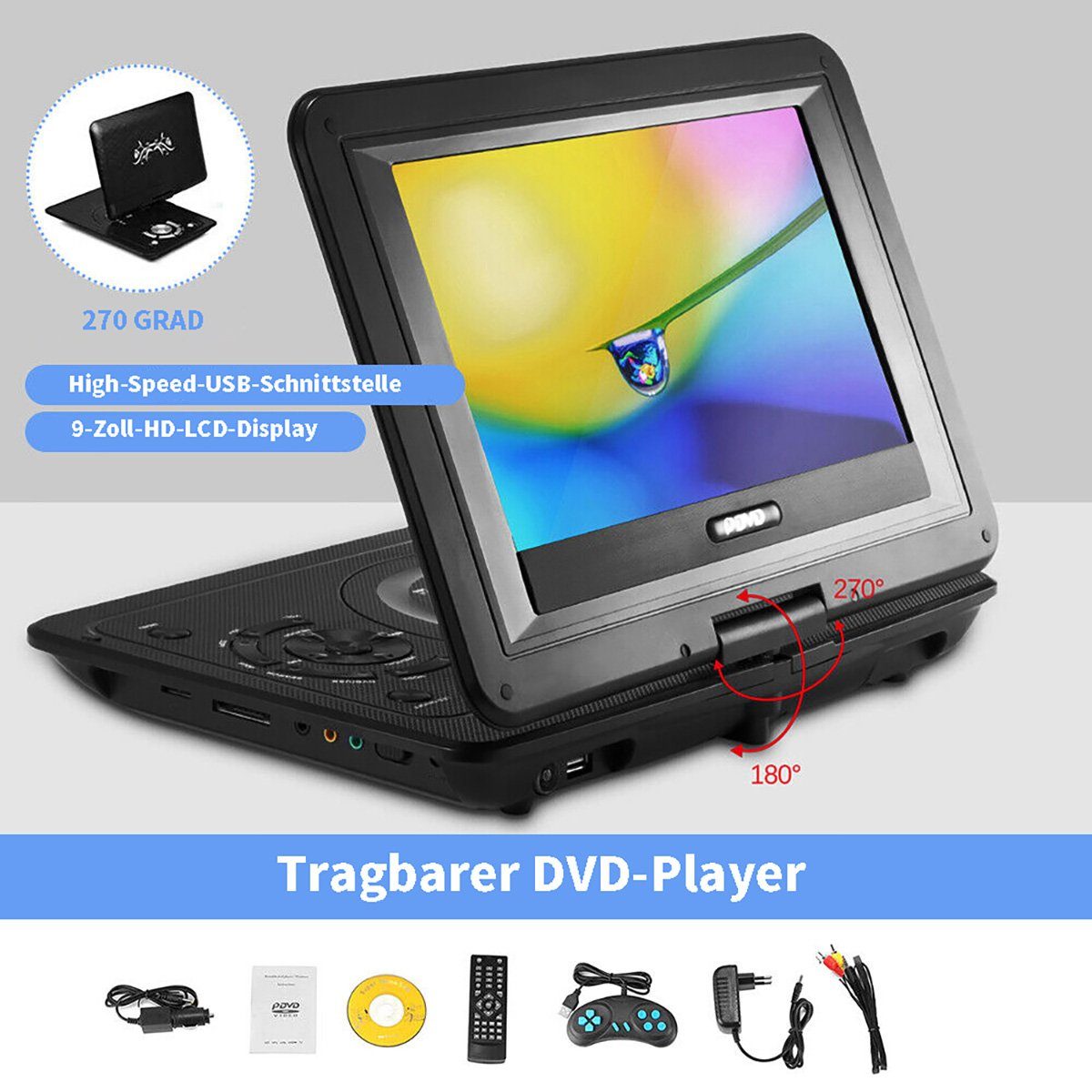 Yoyaxi Tragbarer 9-Zoll-3D-TV-VCD-HD-DVD-Player Portabler DVD-Player (LCD 270° schwenkbarer Bildschirm, Spiel-Joystick, VCD, USB)