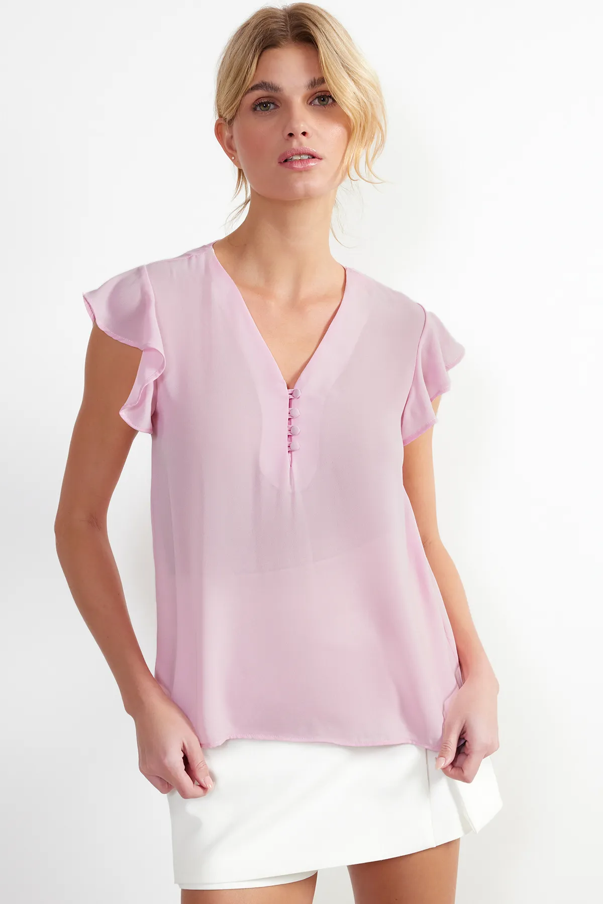 Trendyol Collection  Rosafarbene, fließende, halbtransparente Webbluse mit Knöpfen und Details TWOSS20BZ0894